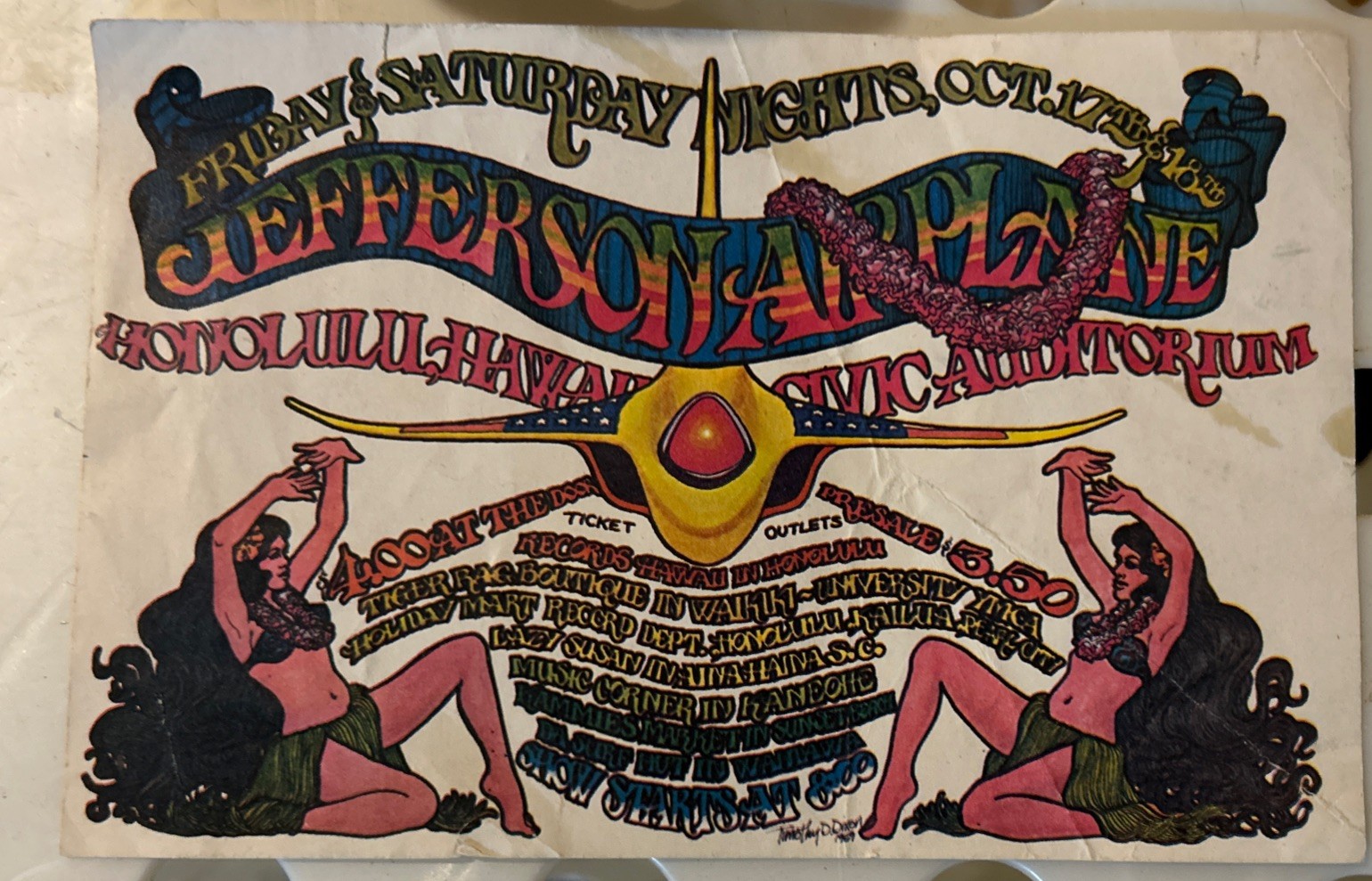 Jefferson Airplane 1969 Vintage Handbill Honolulu Concert Collectible