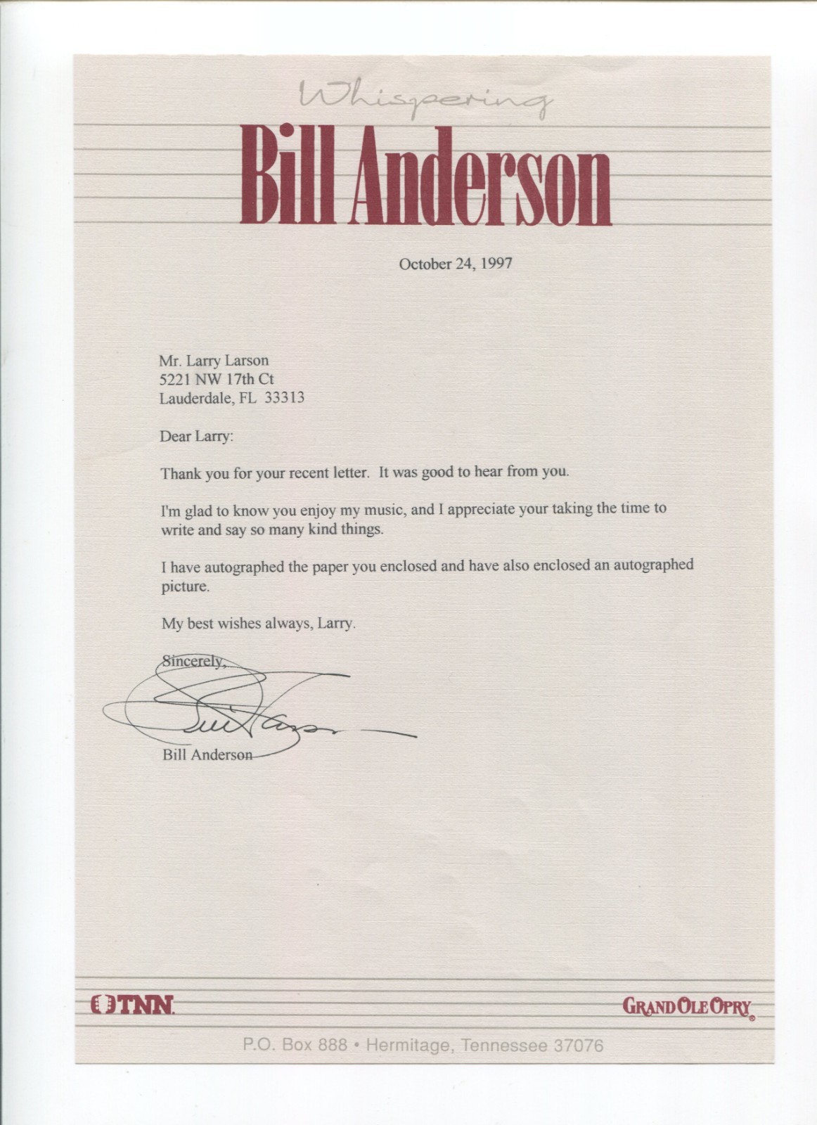 Whisperin’ Bill Anderson Signed Letter Autographed Country Music Singer