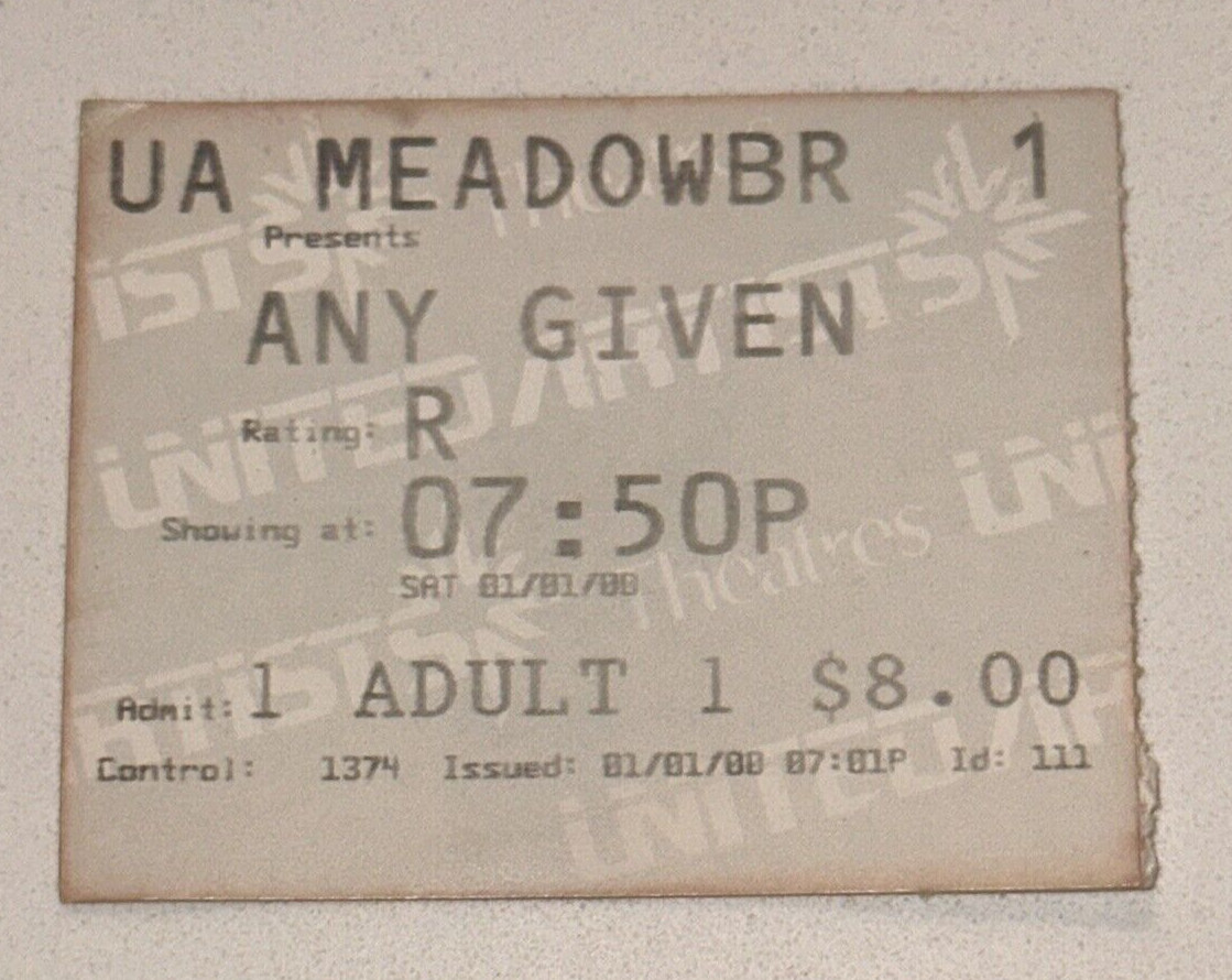 Any Given Sunday Movie Ticket Stub United Artists Theatre New Year 1/1/2000
