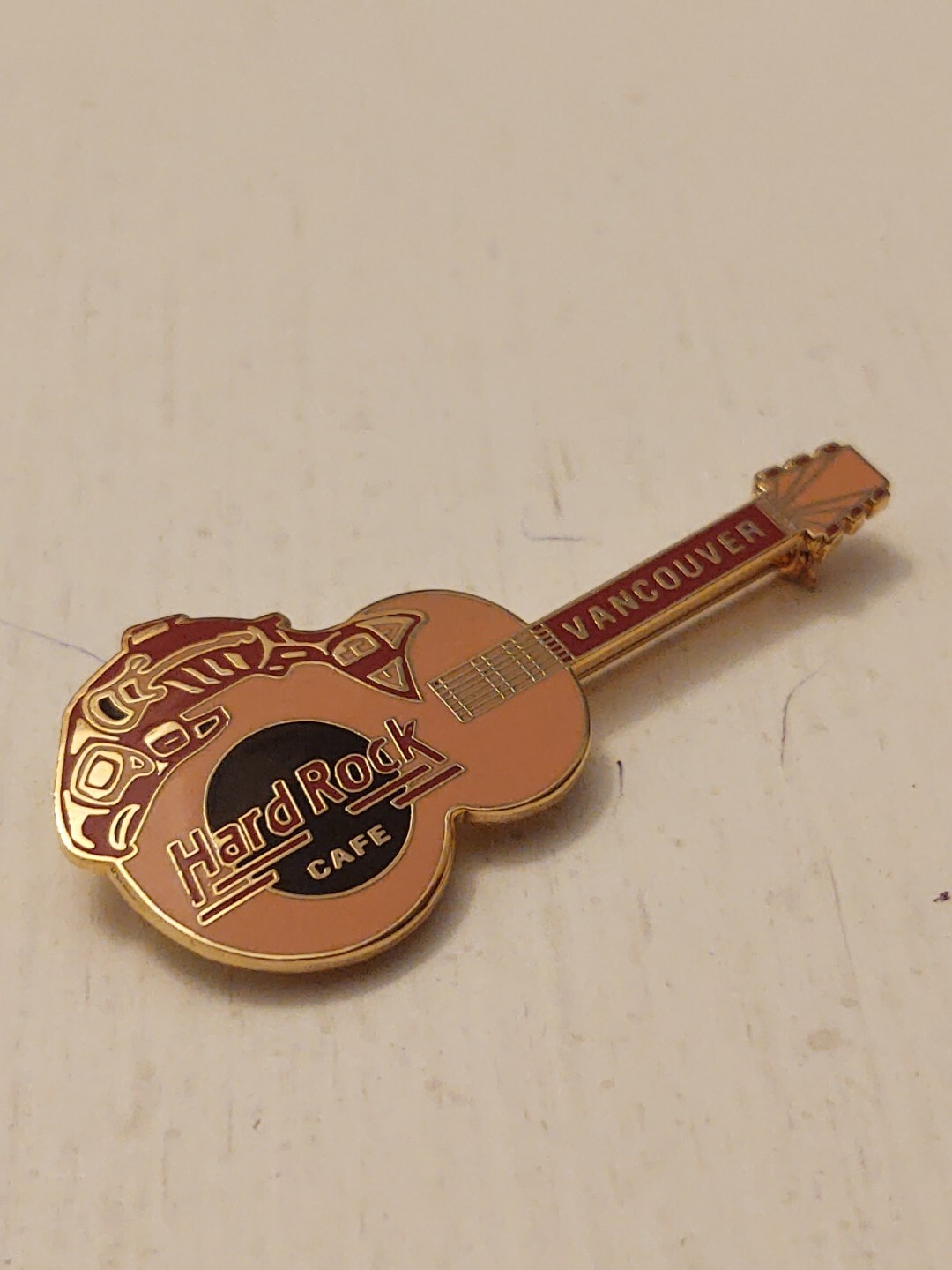Hard Rock Cafe Vancouver Red Salmon Peach Guitar Gold Border Pin