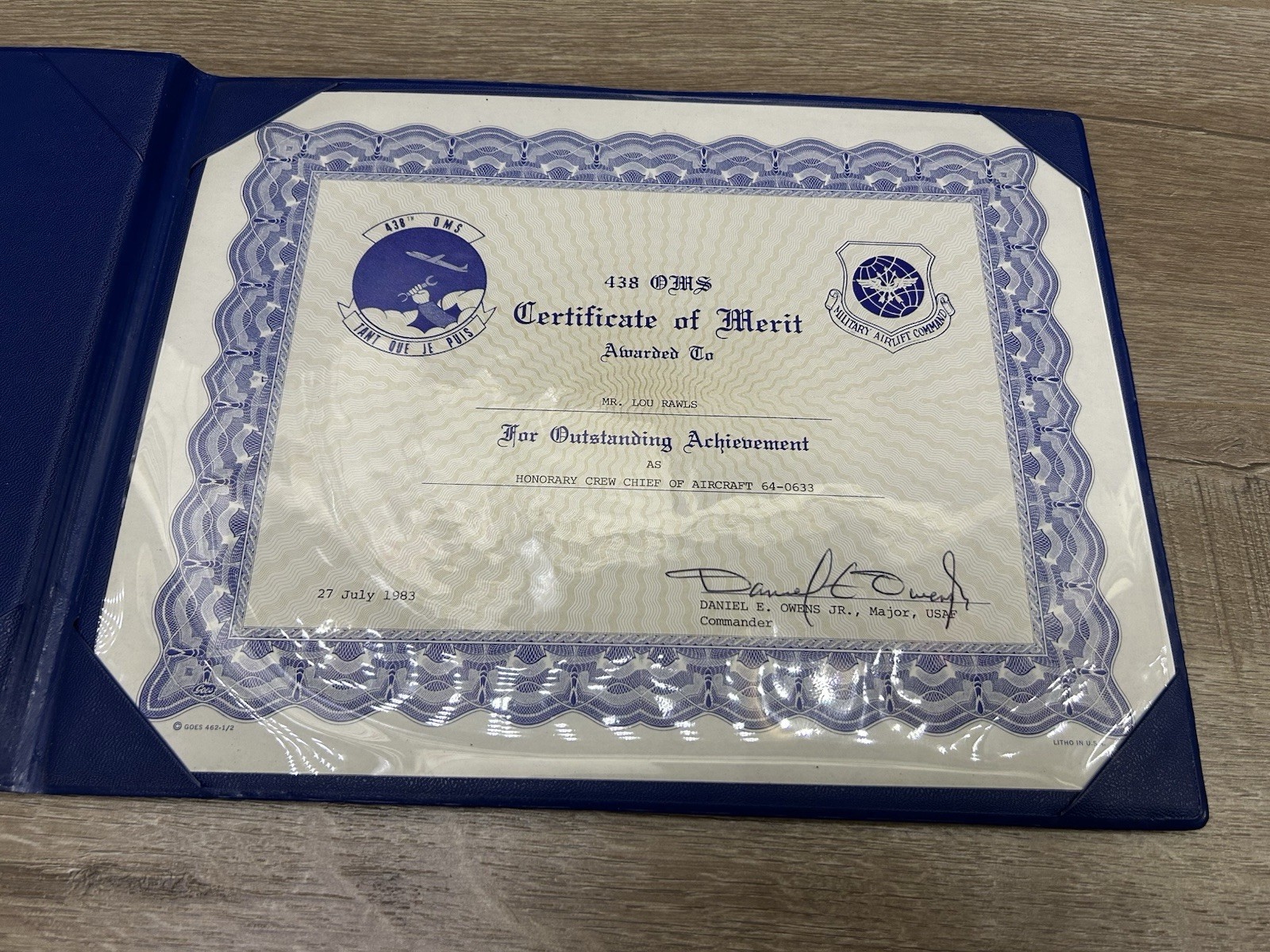 1983 USAF United States Air Force Certificate of Merit Award For Lou Rawls
