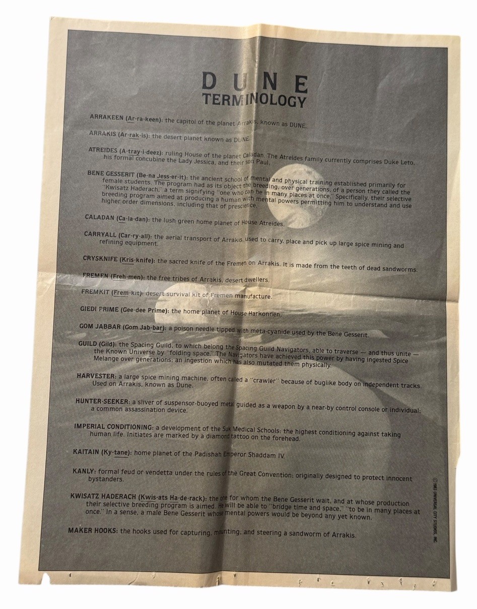 Vintage DUNE Terminology 1983 Movie Theatre Handout Universal Glossary Two-Sided