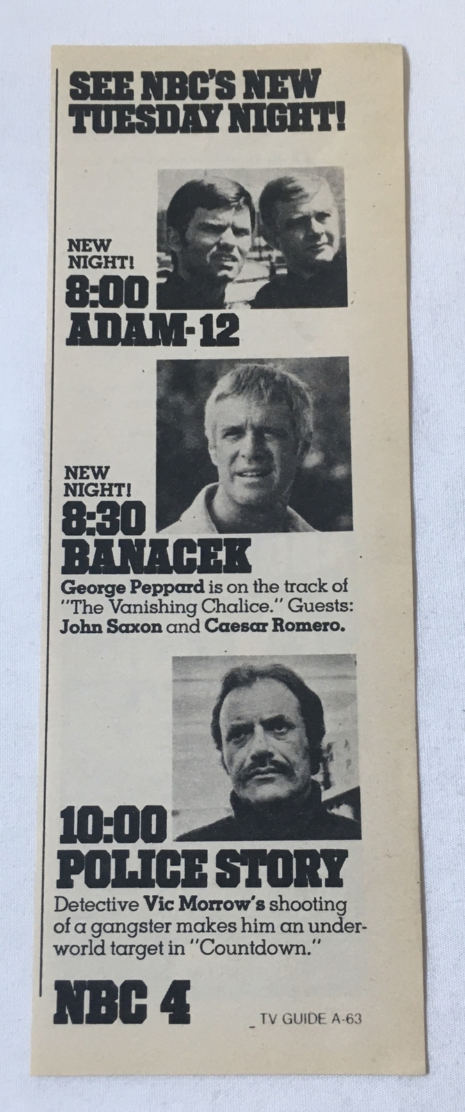 1974 NBC tv ad ~ ADAM-12, BANACEK George Peppard, POLICE STORY Vic Morrow