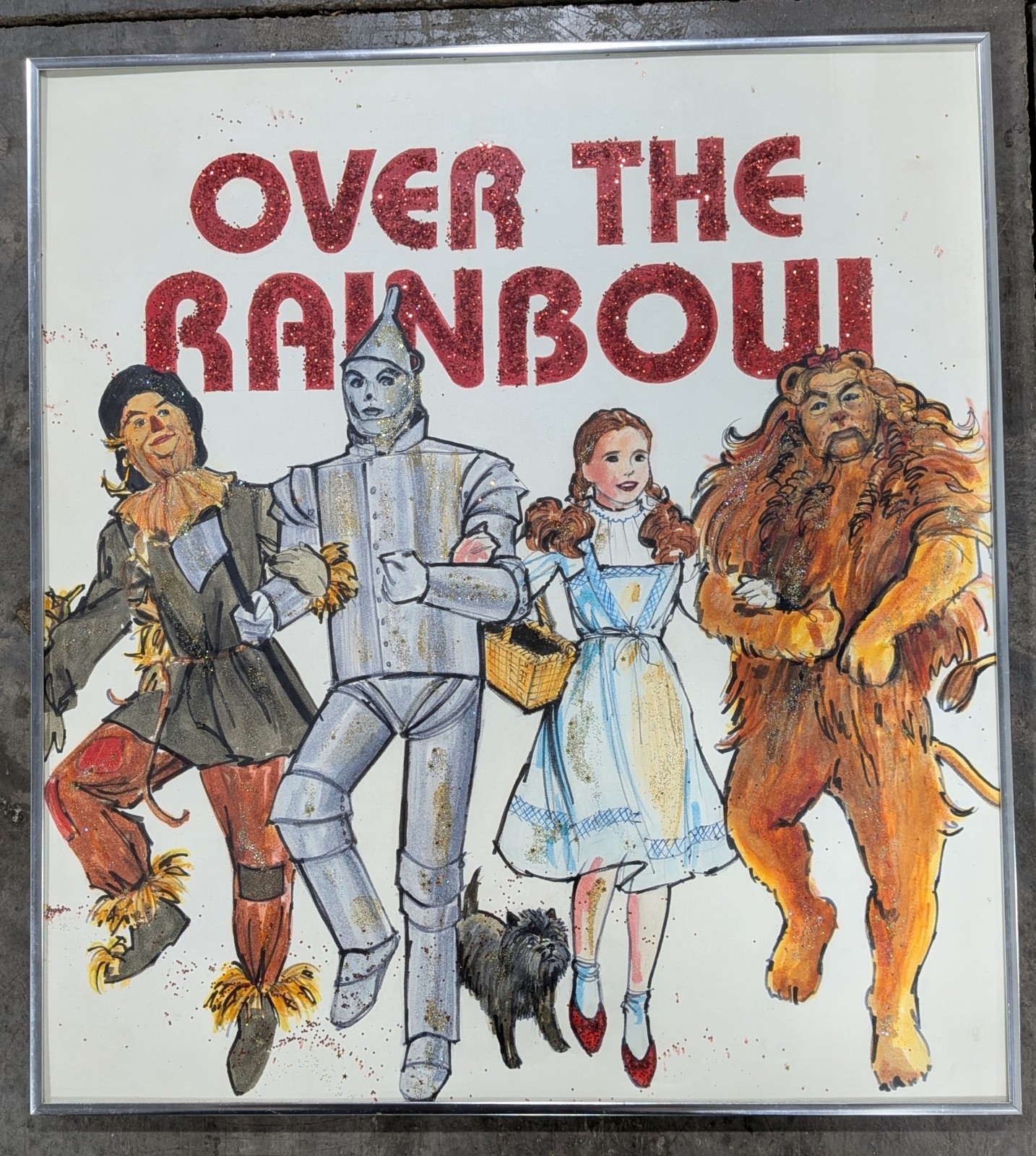 Vintage Wizard Of Oz Marker Drawing Artist Framed 22×20 Glitter Over The Rainbow