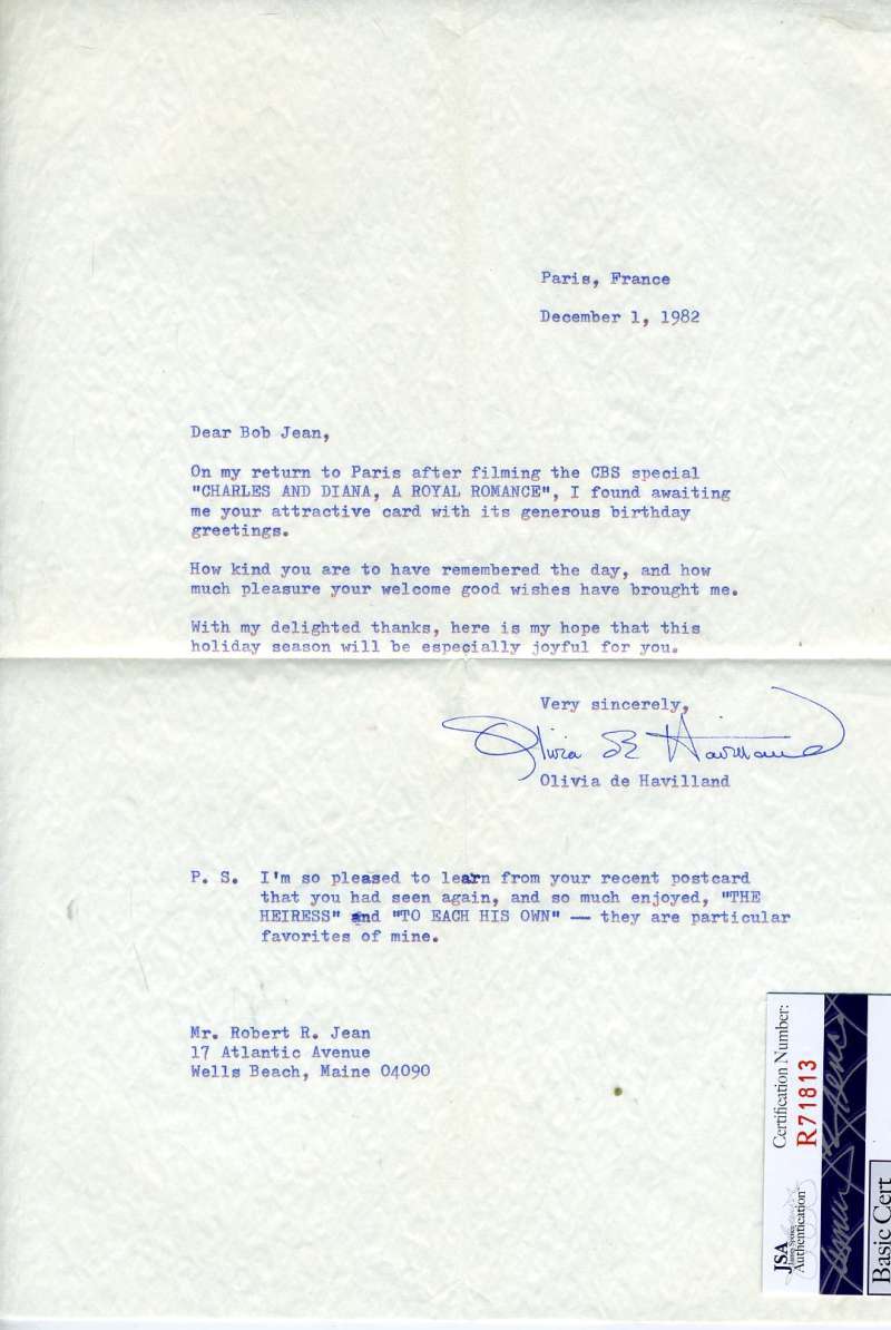 Olivia De Havilland Jsa Coa Hand Signed Letter Authentic Autograph