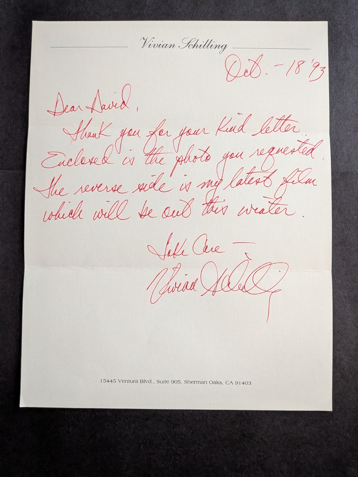 Vivian Schilling Signed 1993 Handwritten Letter – Actress, Author, Screenwriter