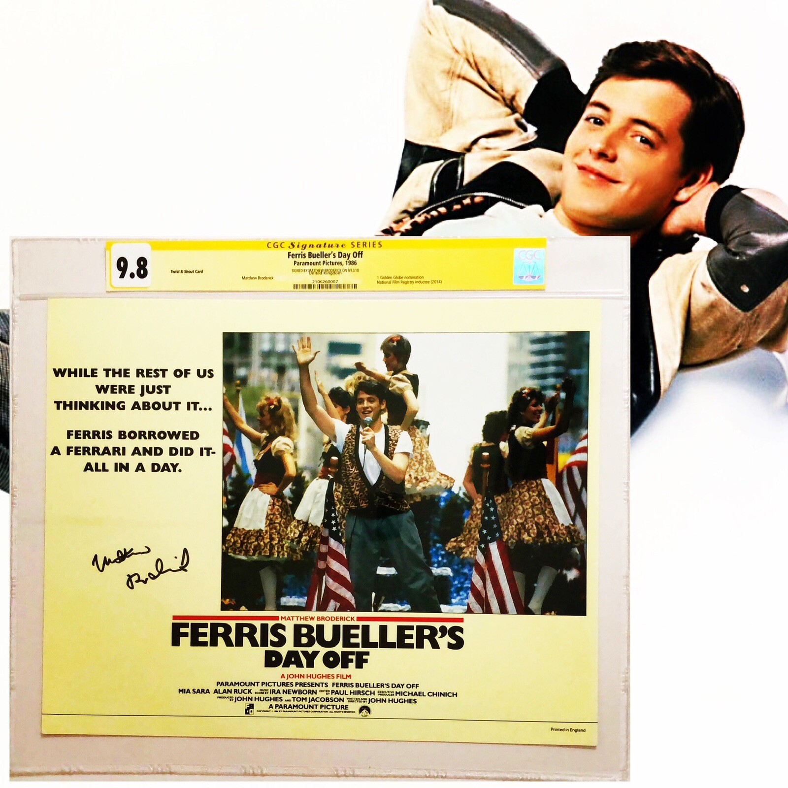 CGC 9.8 SS Ferris Bueller’s Day Off UK Lobby Card signed by Broderick 11×14 1986