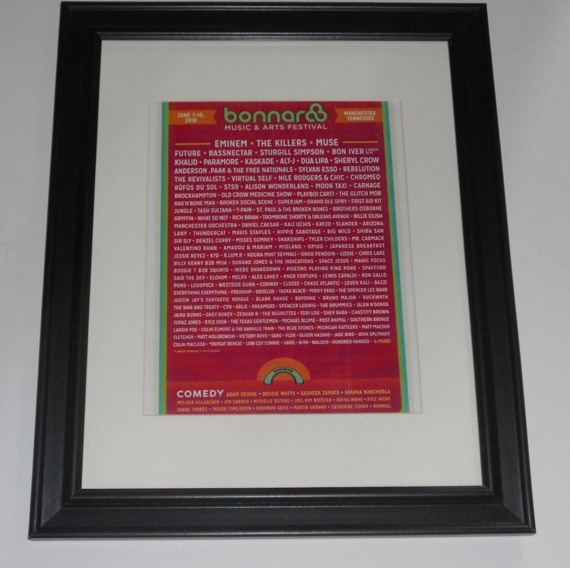 Large Framed Bonnaroo 2018 Poster Eminem,Killers,Muse,Bon Iver, Khalid 24″x 20″