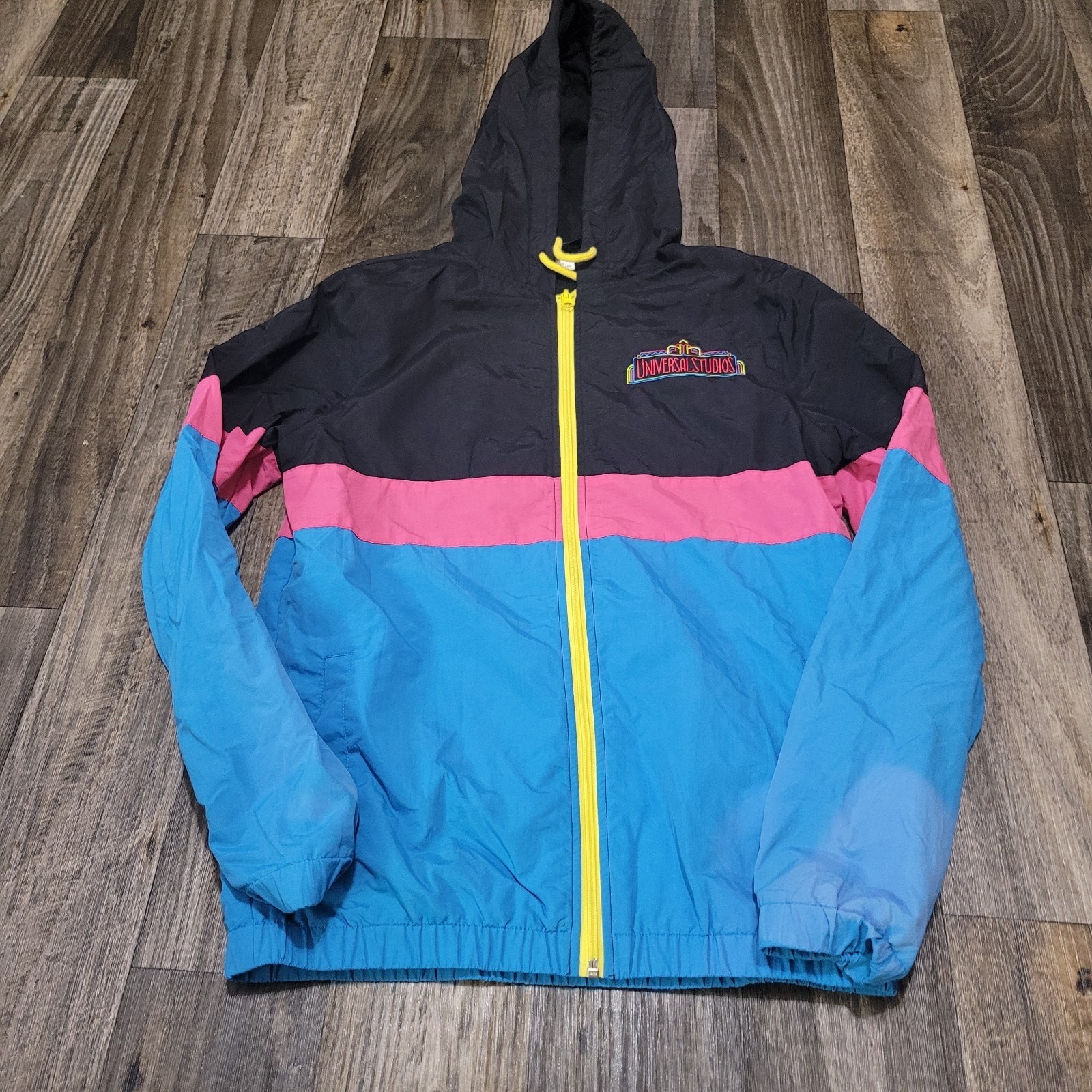Universal Studios Jacket Womens XS Black Blue Hooded Windbreaker Neon Logo
