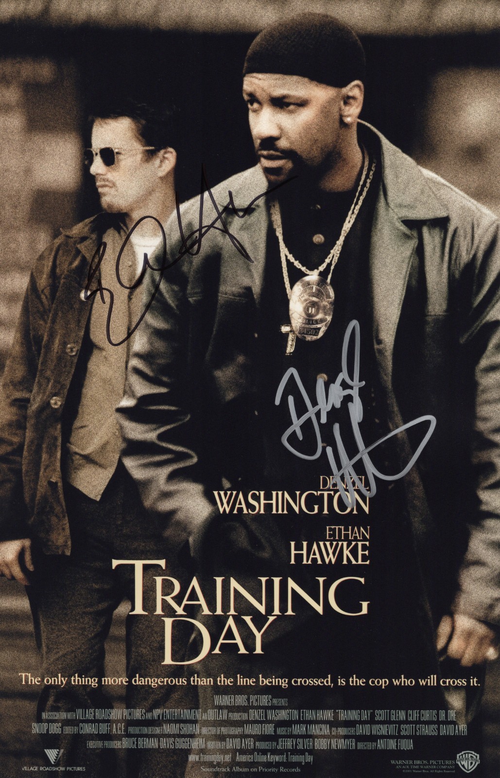 Denzel Washington & Ethan Hawke Signed Training Day 11×17 Movie Poster COA