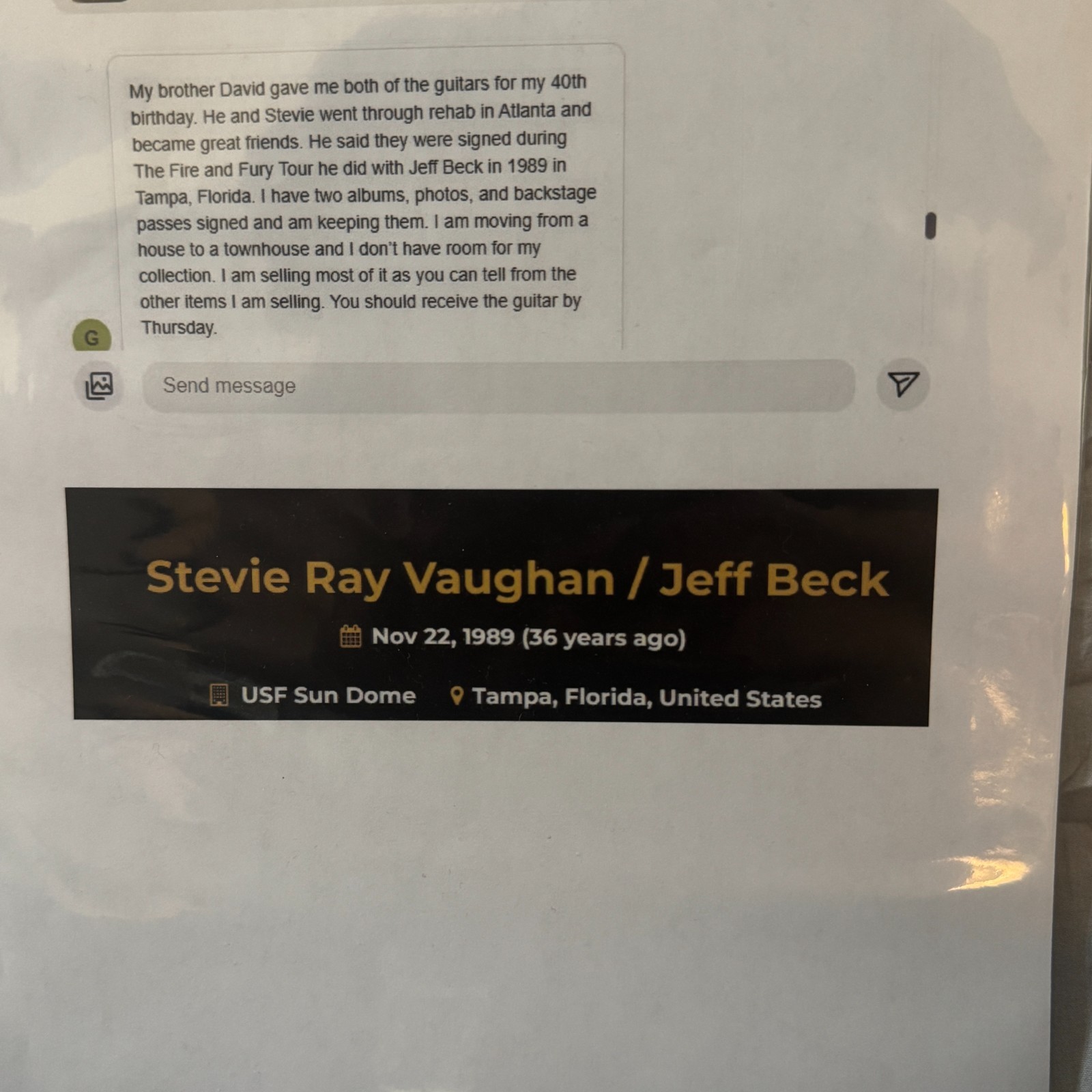 STEVIE RAY VAUGHAN & DOUBLE TROUBLE AUTOGRAPHED GUITAR SIGNED 11/22/1989 W/ COA