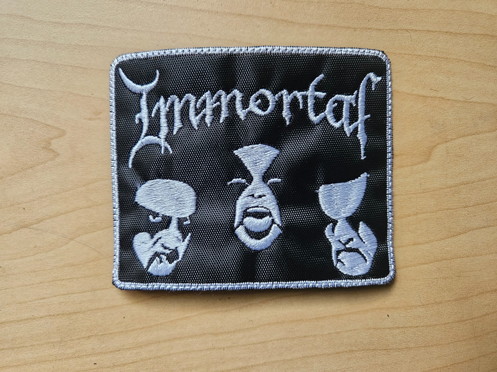 IMMORTAL, SEW ON WHITE, WHITE BORDER EMBROIDERED PATCH