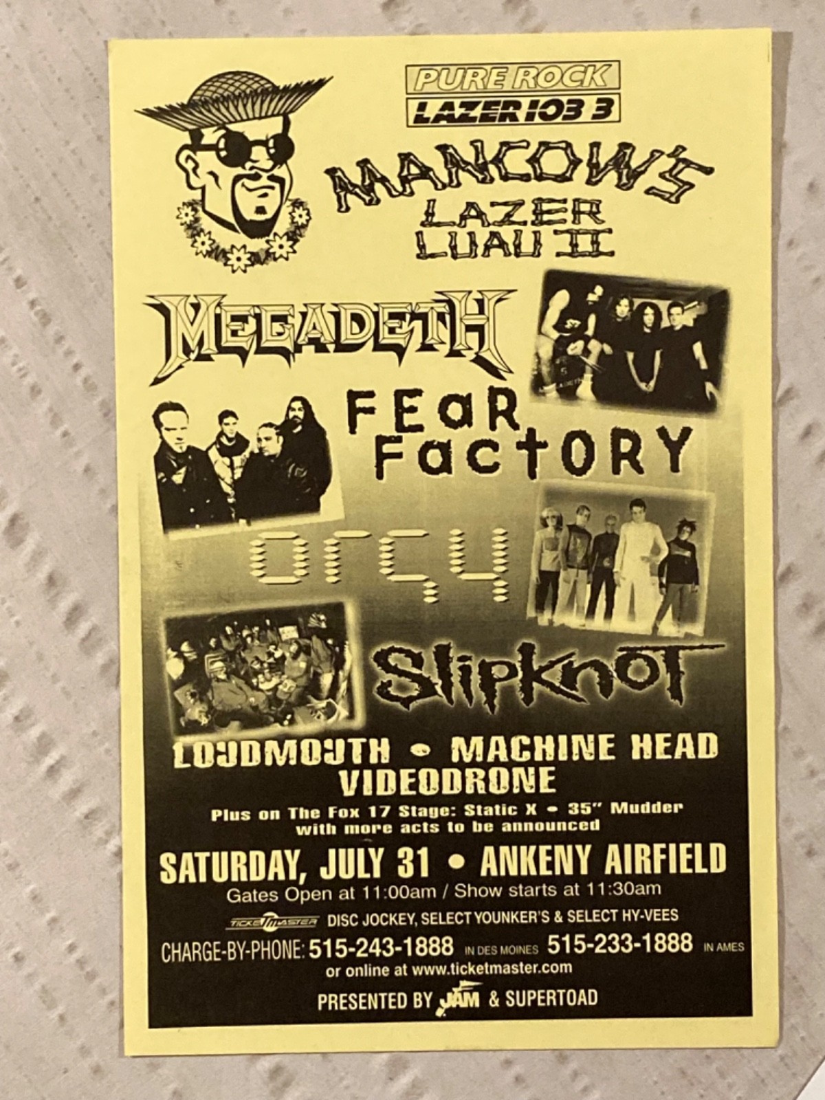Megadeth 1999 Iowa Tour Poster Fear Factory Slipknot Orgy Static X Mancow Yellow