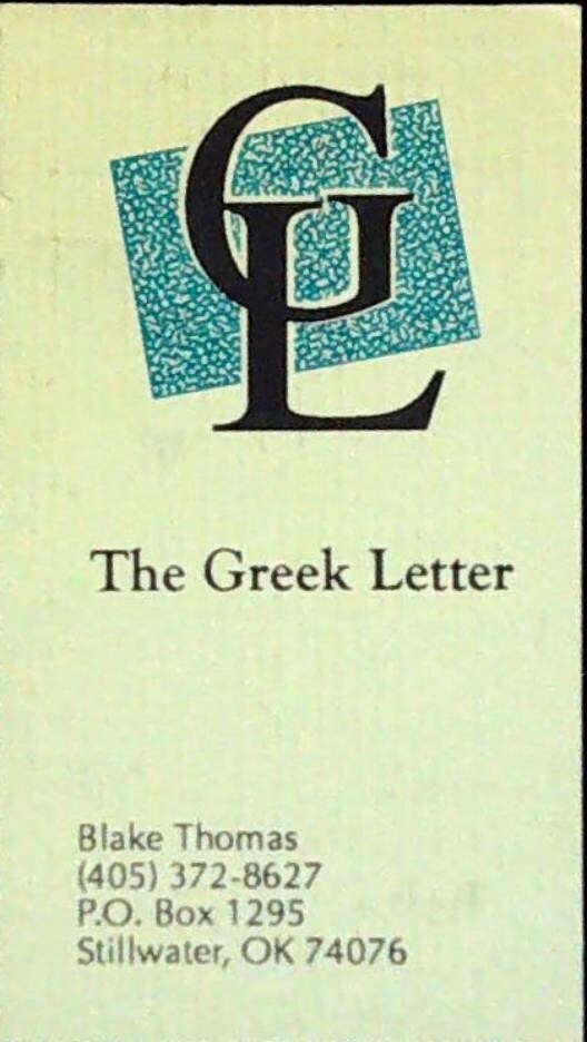 The Greek Letter Business Card Stillwater Oklahoma OSU Campus College Life USA