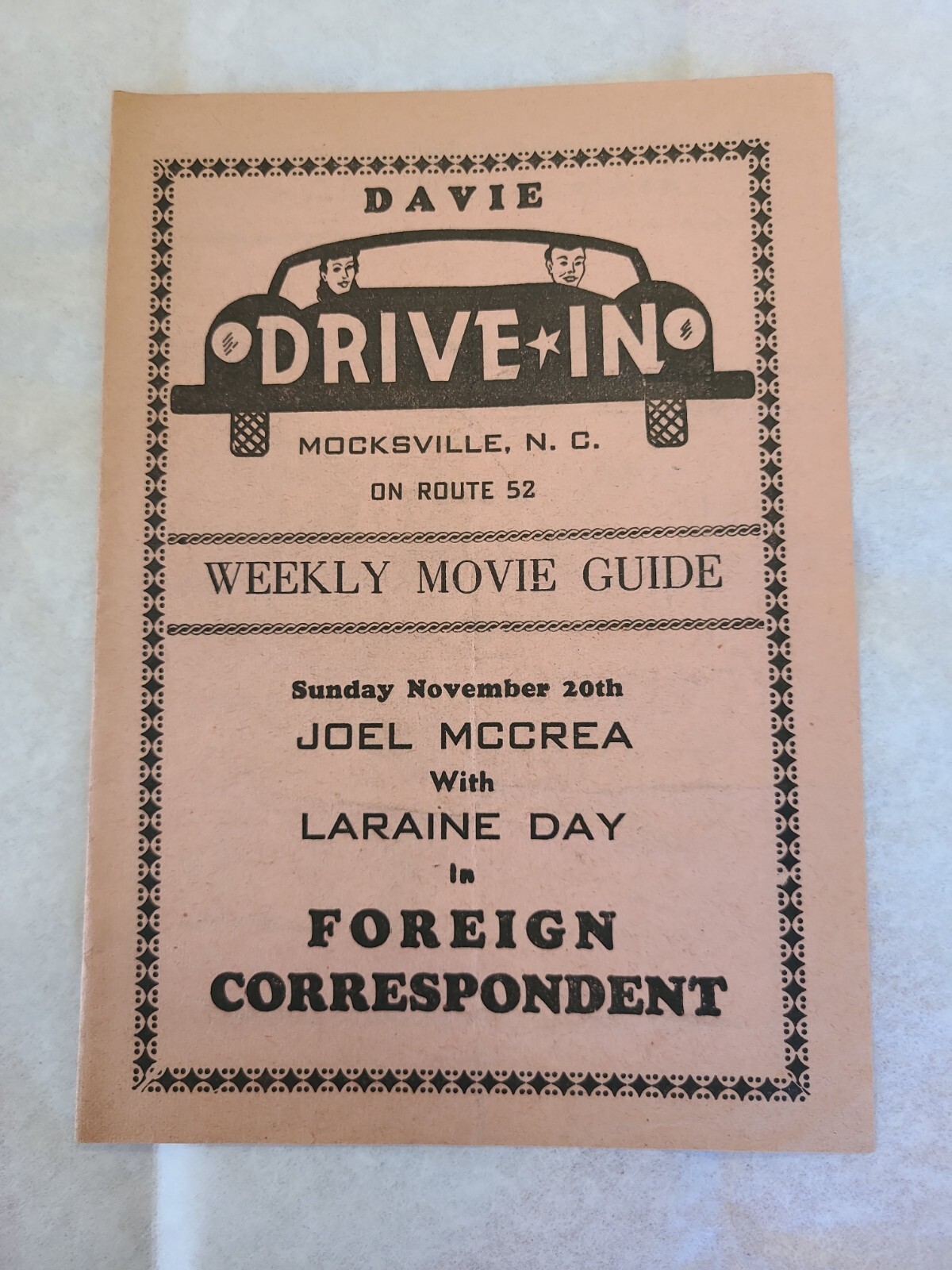 Davie Drive-In theater Advertising Sheet~Mocksville, North Carolina~Davie County