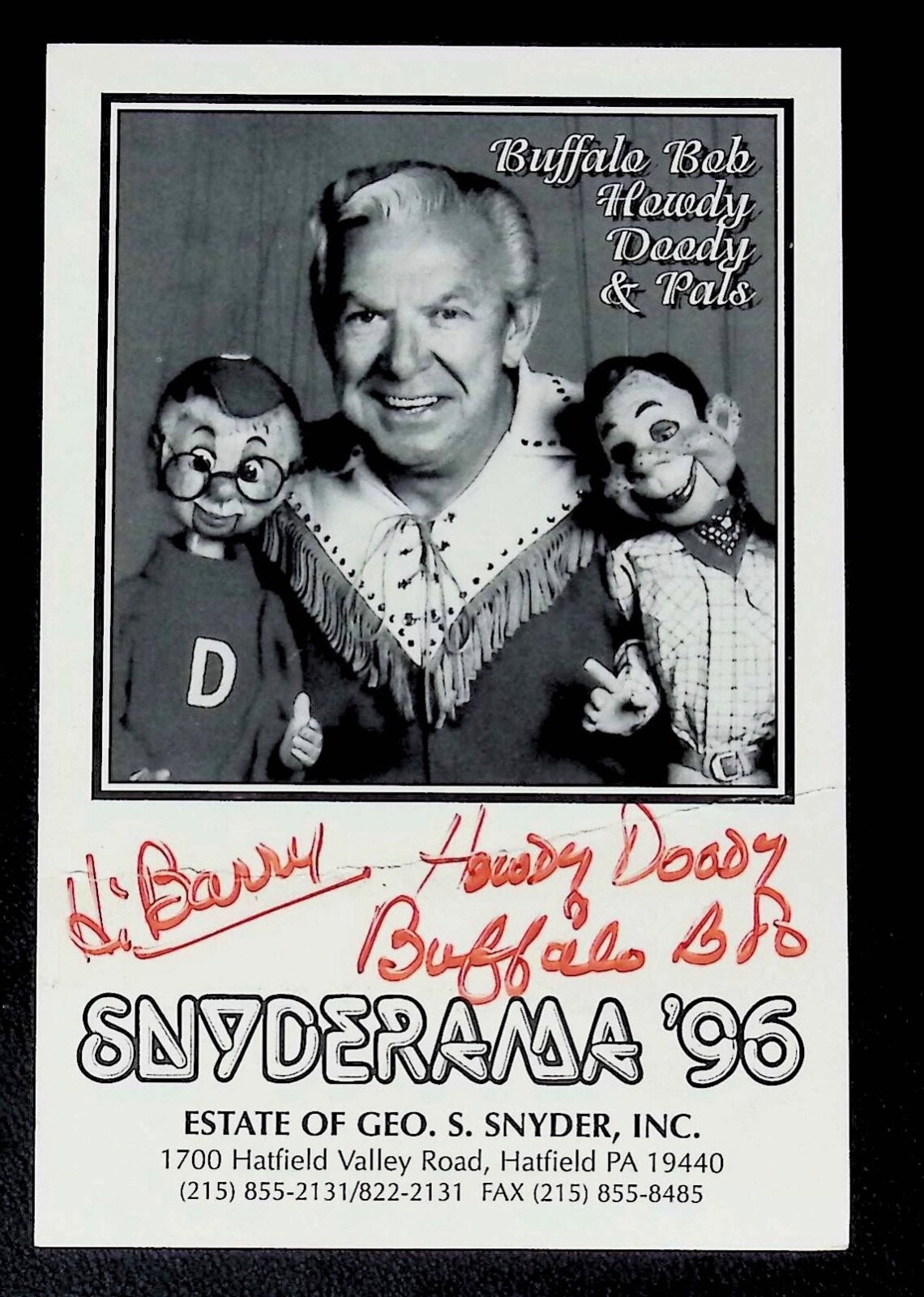 1996 Buffalo Bob Howdy Doody & Friends Signed Card PA.