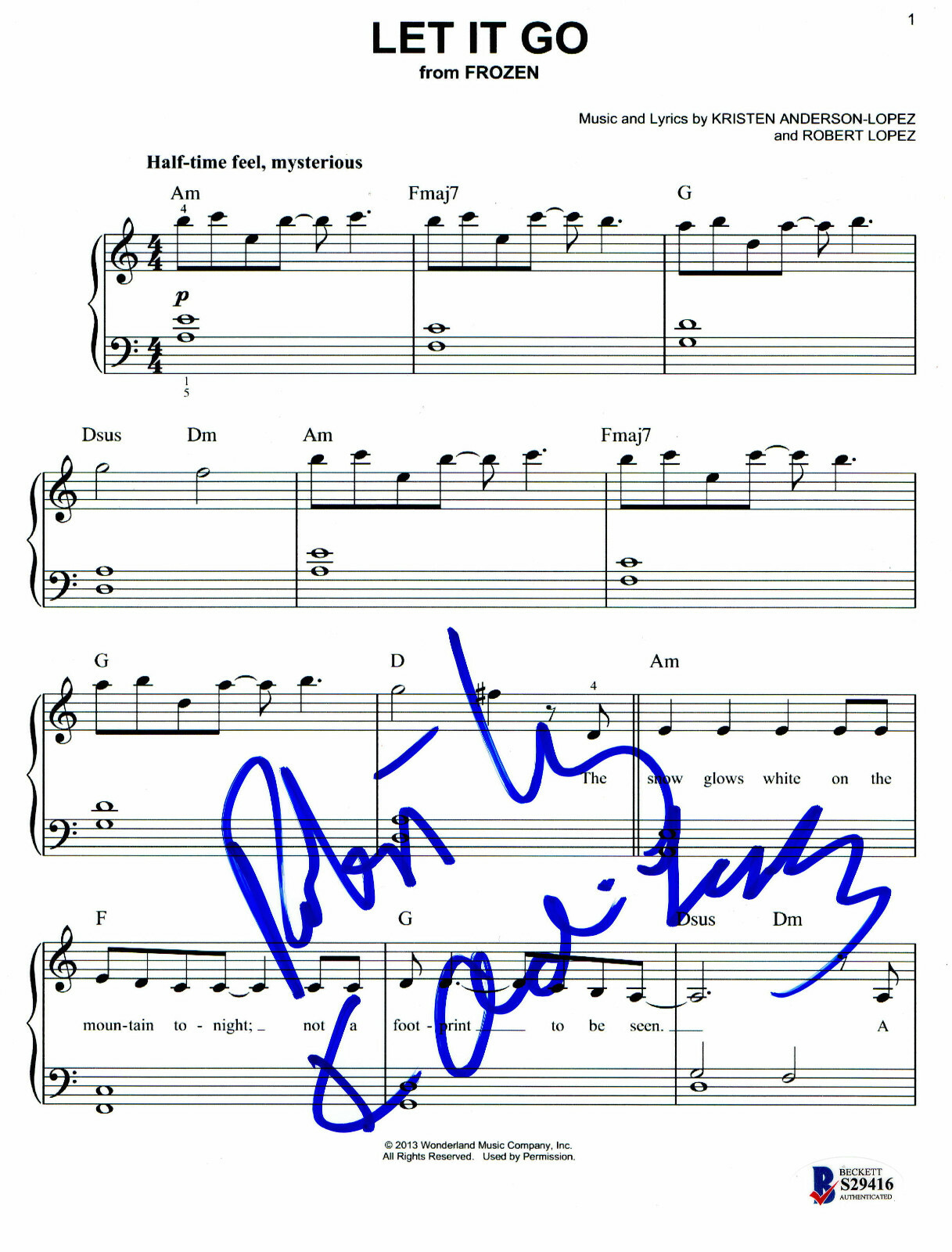 KRISTEN ANDERSON ROBERT LOPEZ SIGNED FROZEN LET IT GO AUTO LYRIC SHEET BECKETT 3
