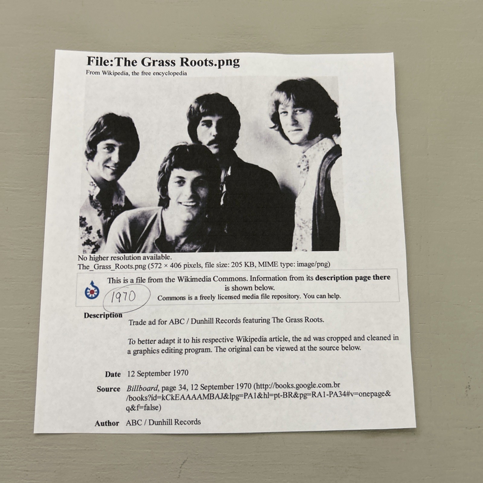 The Grass Roots Publicity Promo Photo Vintage 1970 ABC/ Dunhill Records