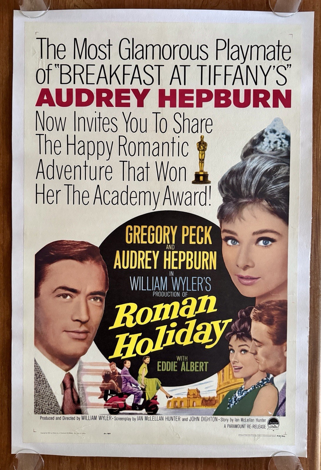 ROMAN HOLIDAY R62 1sh Movie Poster Audrey Hepburn Gregory Peck On Linen 27×41