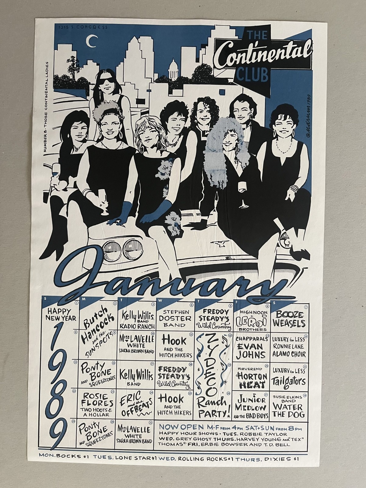 The Continental Club January 1989 Calendar of Events Hook and the Hitchhikers