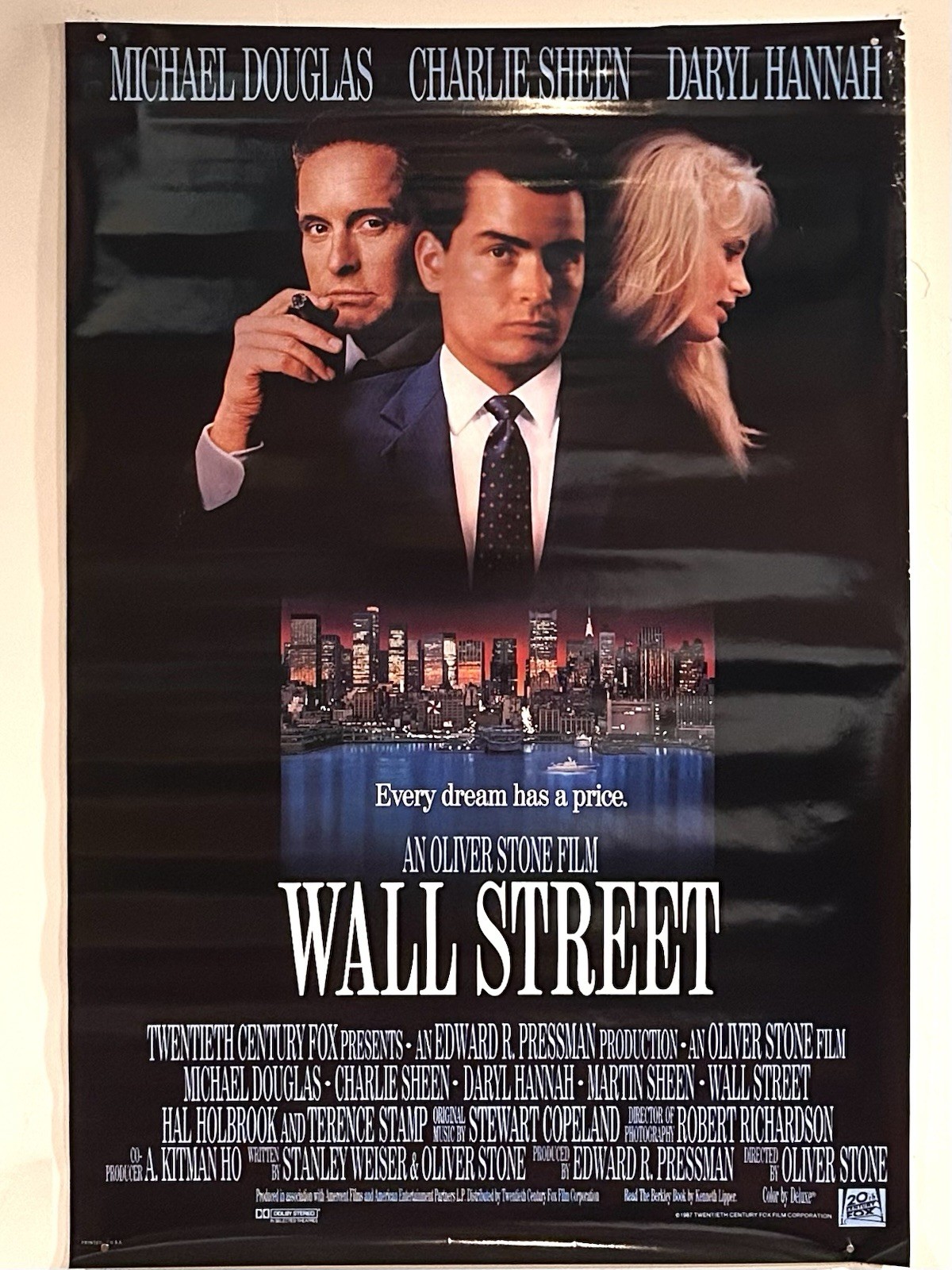 Vtg. WALL STREET 1987 Michael Douglas Gordon Gekko Original SS Poster 27×40 VG-
