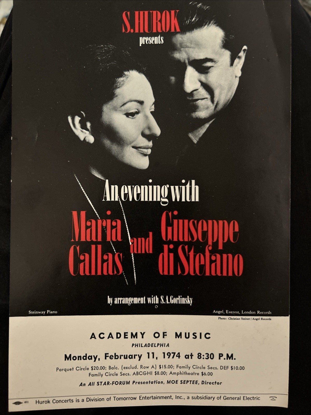 Maria Callas & Giuseppe di Stefano- Original Program Flyer 1974 Philadelphia