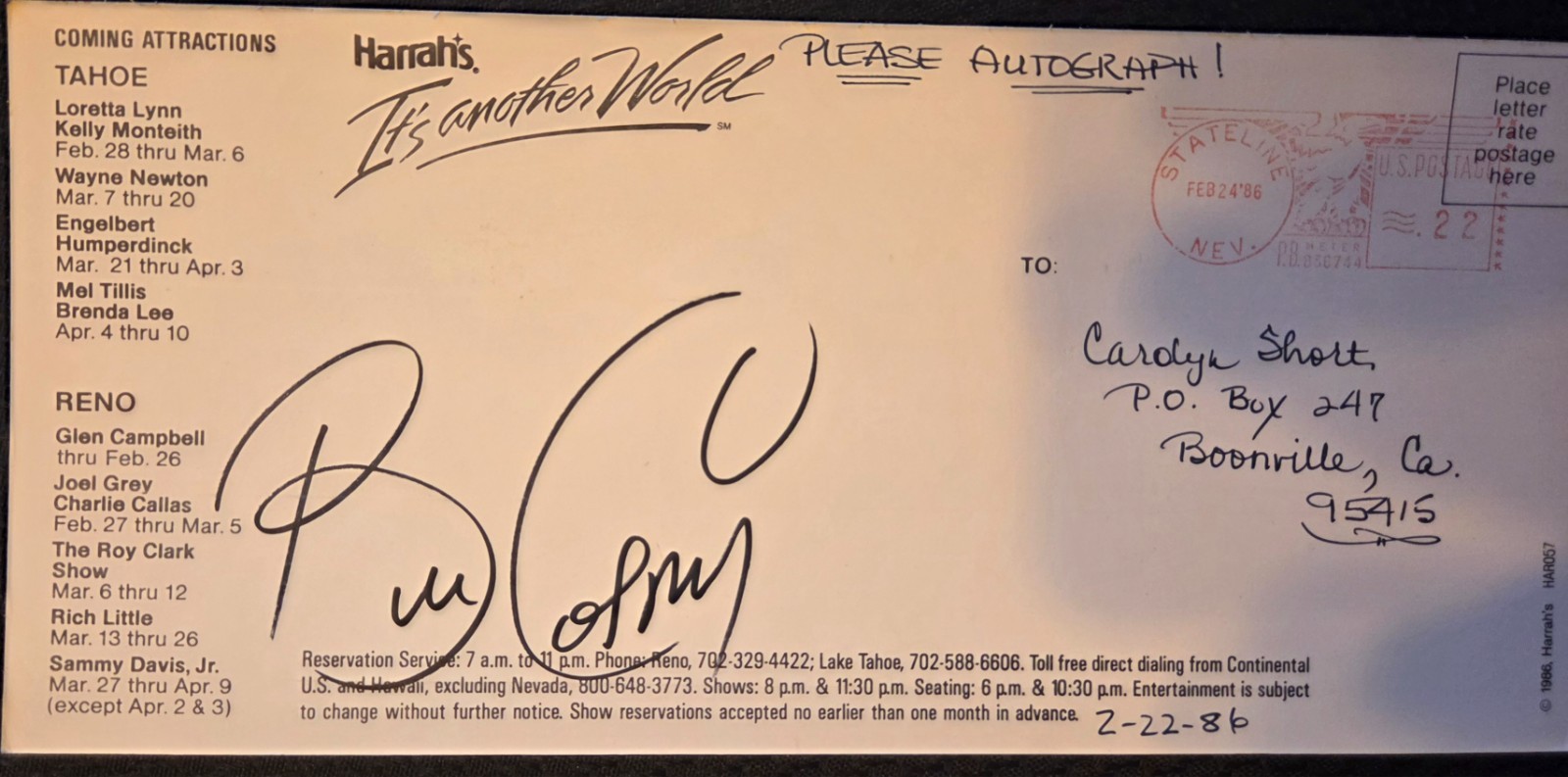 Bill Cosby Signed Postcard Harrah’s Lake Tahoe 1986 Phyllis Hyman