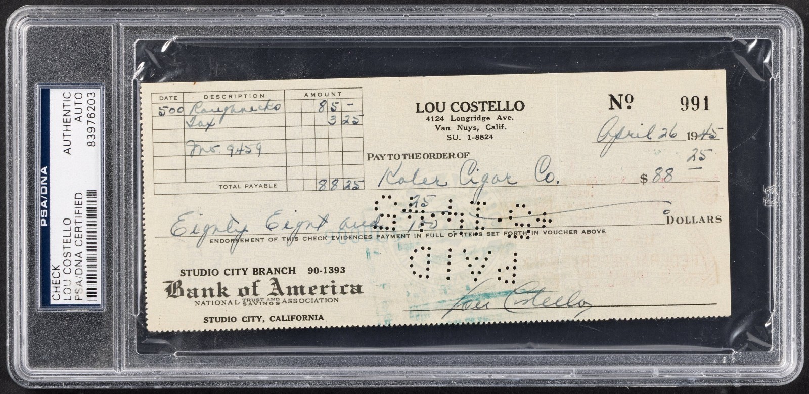 1945 Lou Costello (d. 1959) Signed Check PSA / DNA Authentic Auto
