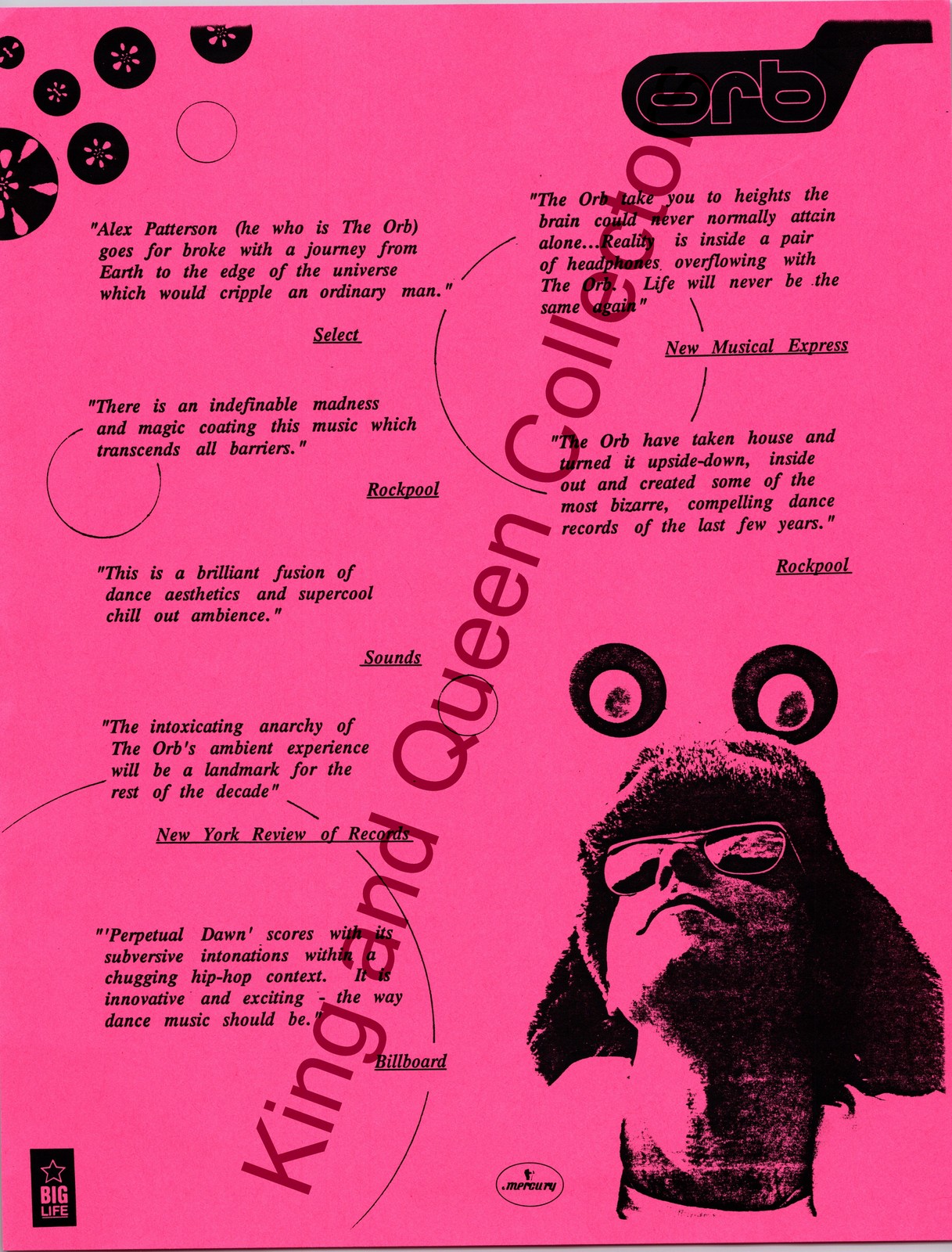 The Orb Original Big Life / Mercury Press Kit One-Sheet Perpetual Dawn