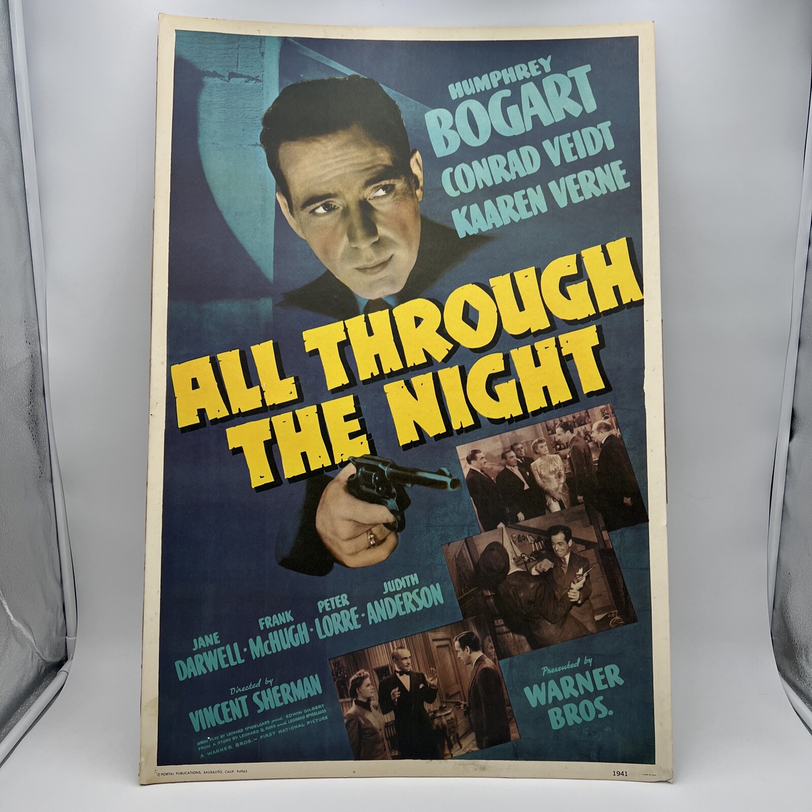ORIGINAL VTG 1941 ALL THROUGH THE NIGHT CARDBOARD POSTER 29″X19.5″ LITHO IN USA