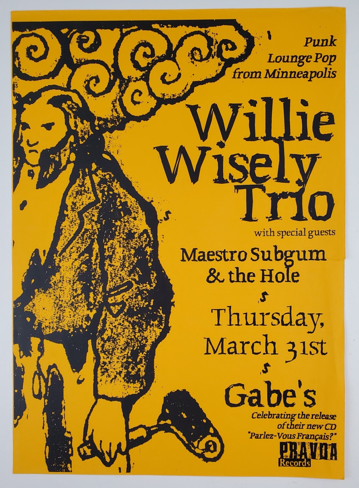 1990 Willie Wisely Trio Band Subgum Gabe’s Iowa City IA Club Flyer Vtg Poster