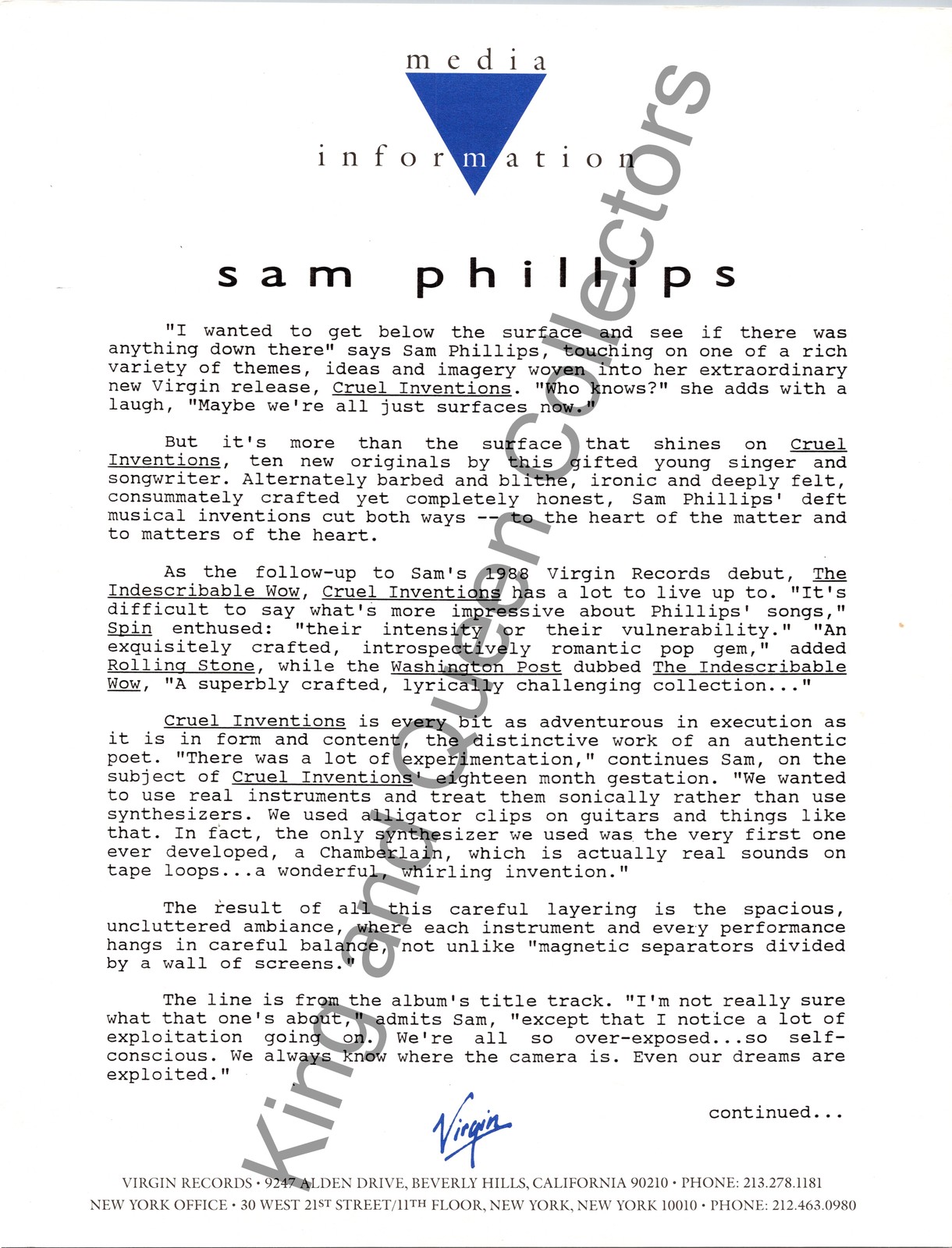 Sam Phillips Original Virgin Records Press Kit Information Sheet Cruel