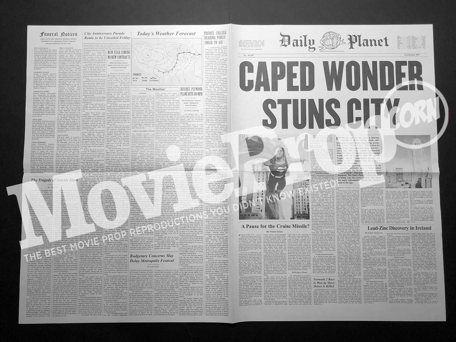 Superman “Daily Planet” Newspaper Replica -“Caped Wonder Stuns City” Chris Reeve