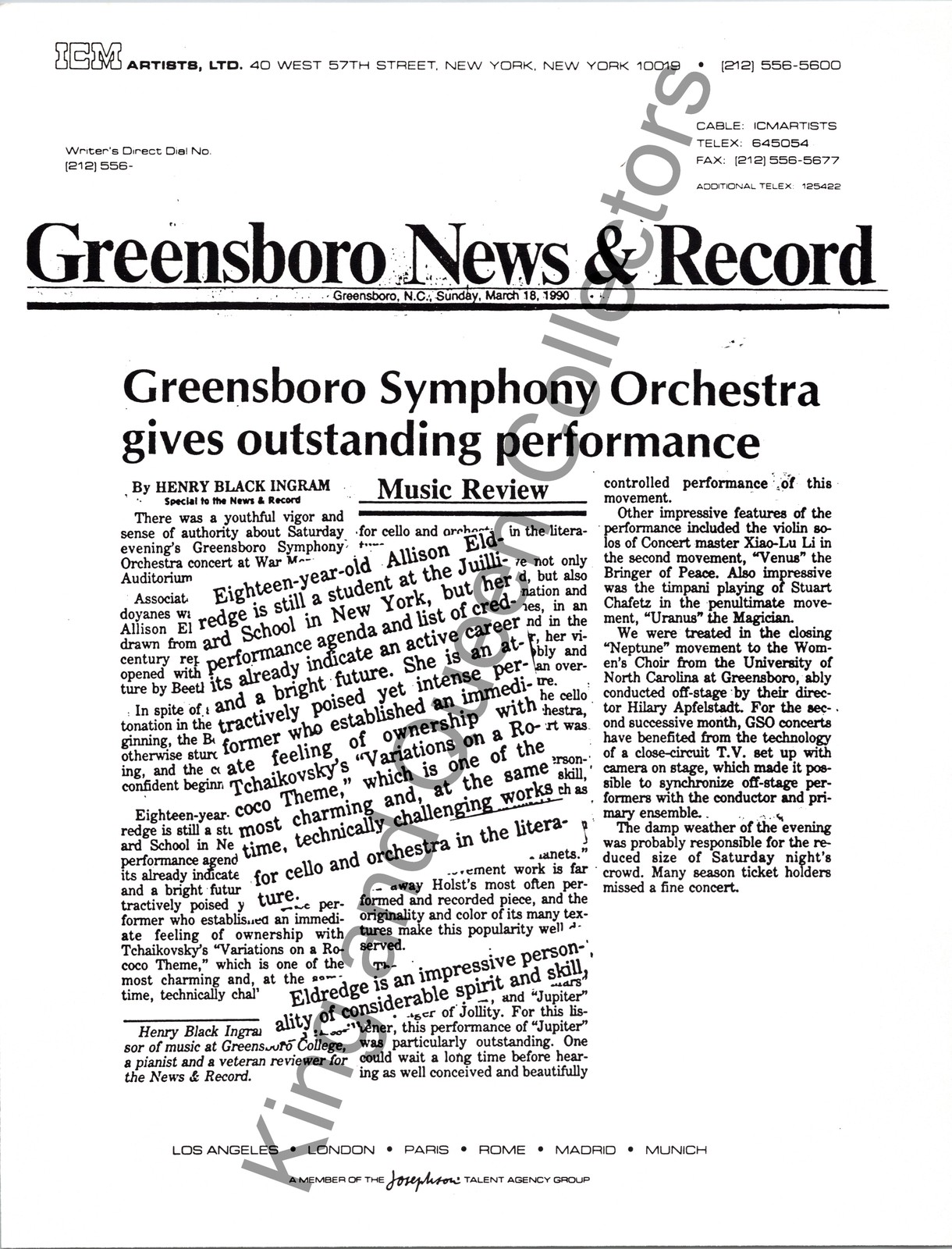 Greensboro Symphony Orchestra 1990 Original ICM Artists, Ltd Press Kit Other