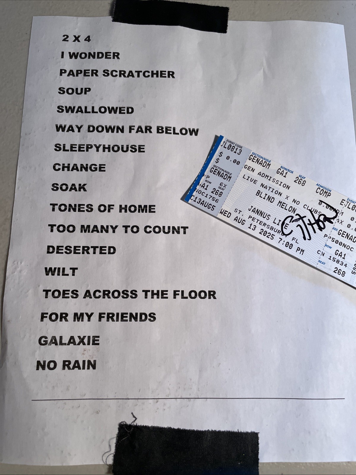 Blind Melon Band Set List Autographed SIGNED Ticket Christopher Thorn Guitarist