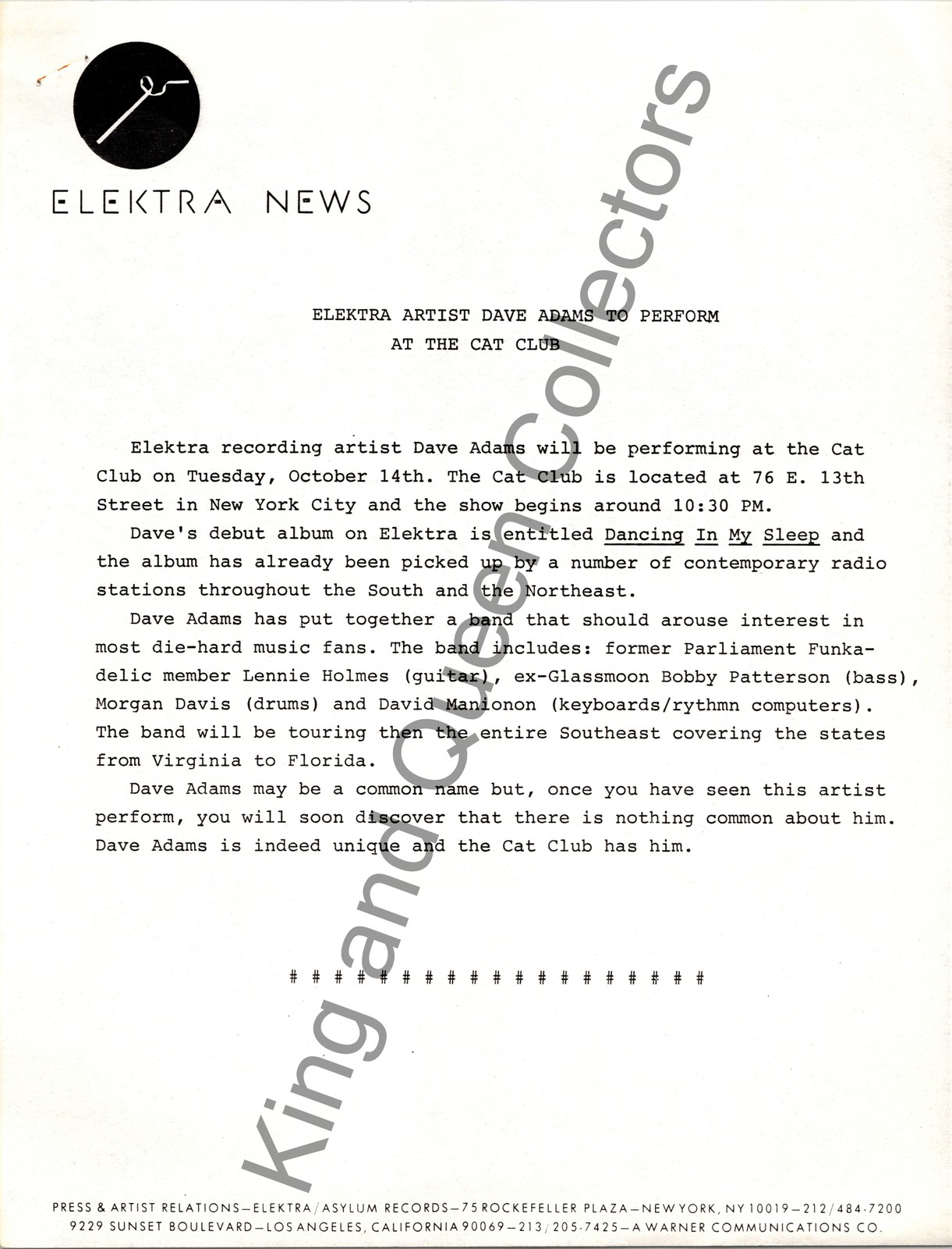 Dave Adams Original Elektra/Asylum Records Press Kit Press Release Dancing In