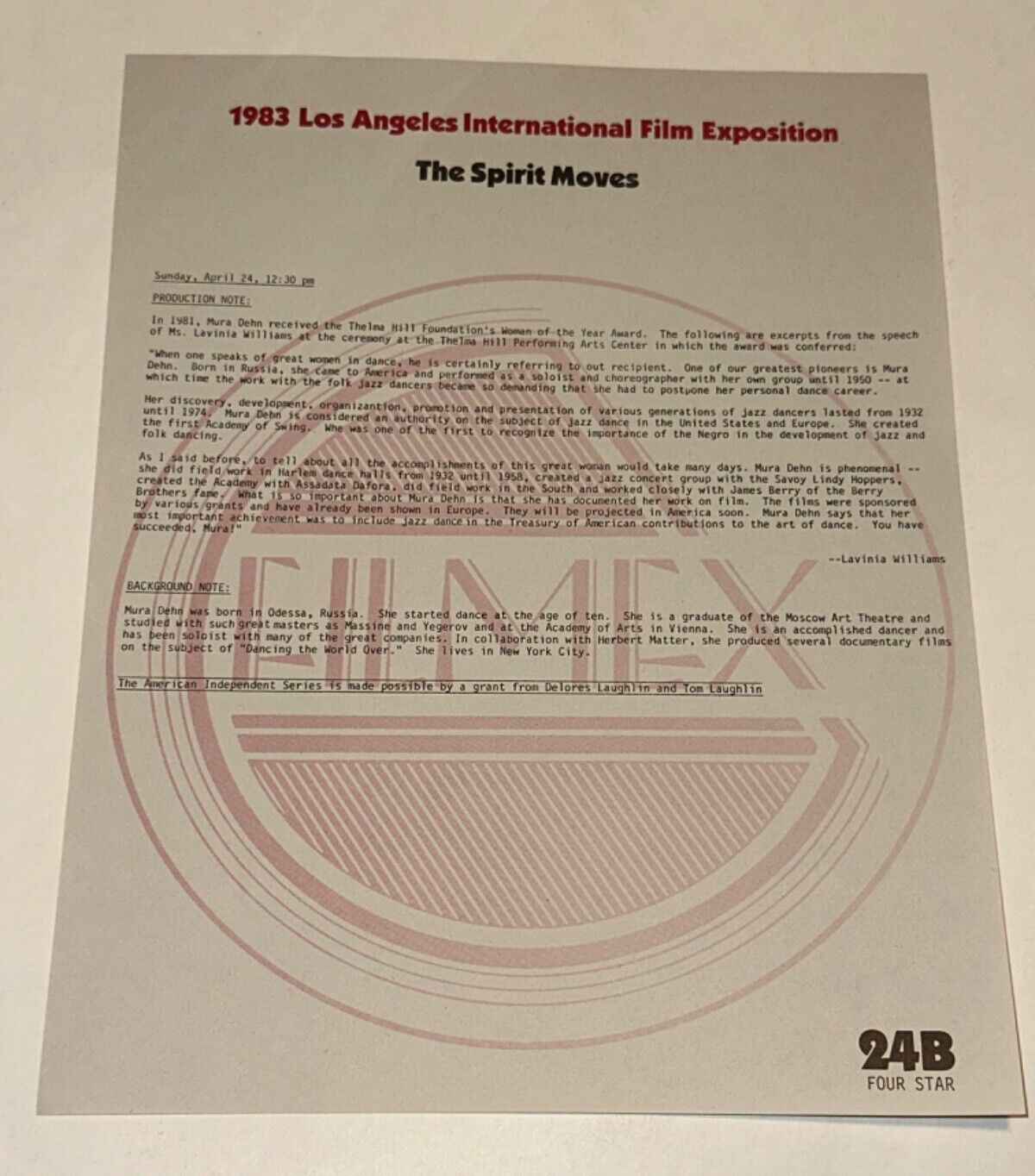 The Spirit Moves 1983 Filmex Program Mura Dehn Film Folk Jazz Dance Movie