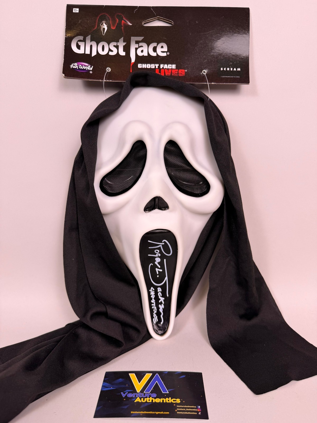 Roger L. Jackson Signed Ghost Face Fun World Scream Mask w/ JSA WITNESS COA