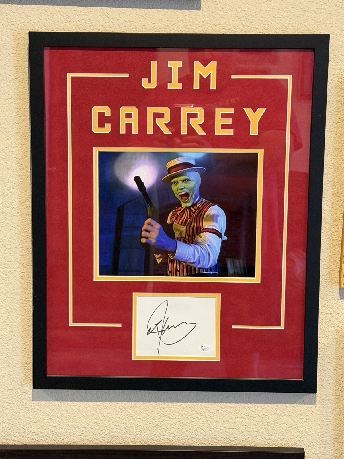Jim Carey “The Mask” Autograph, JSA Q05716. Custom Matt And Frame- 21”x17” Rare