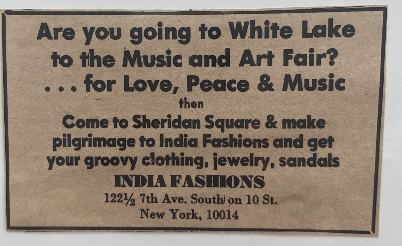 1969 WOODSTOCK FESTIVAL, Boutique Shop For Groovy Clothes For White Lake , Ad