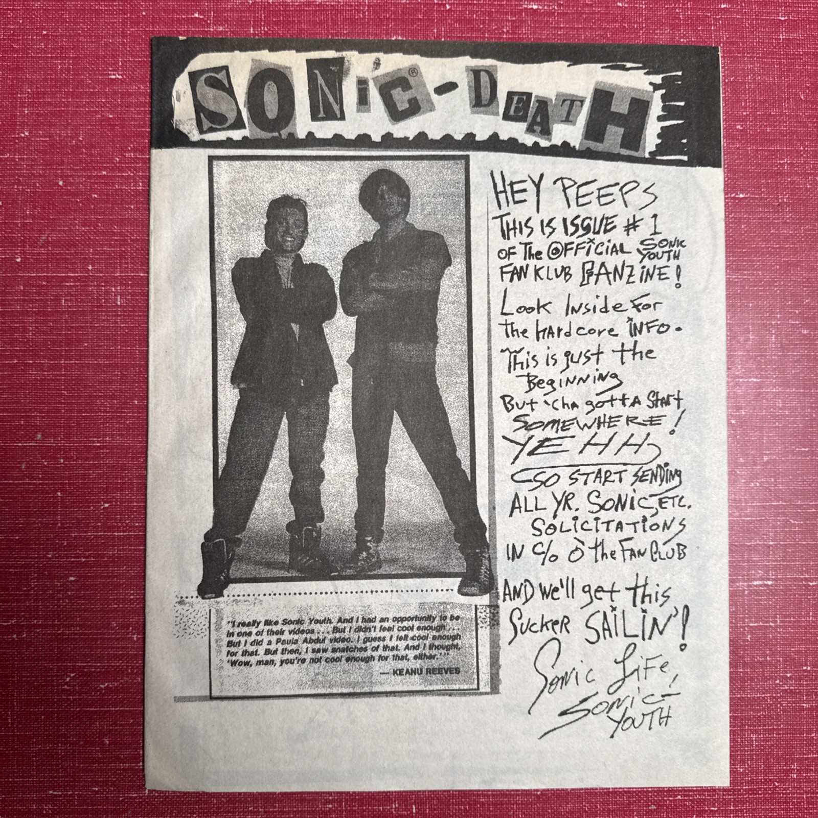 AUTHENTIC 1991 Sonic Youth SONIC DEATH FAN CLUB Fanzine ISSUE #1 VINTAGE zine