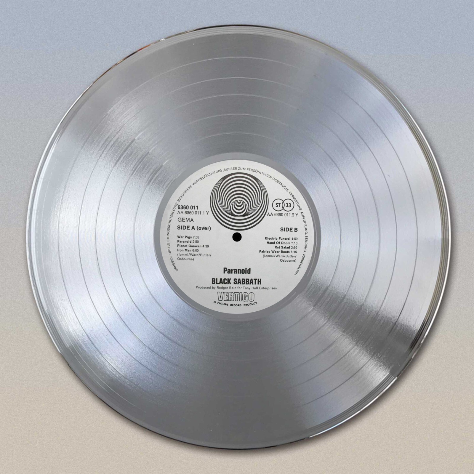Black Sabbath “Paranoid” Gold LP Record wall art