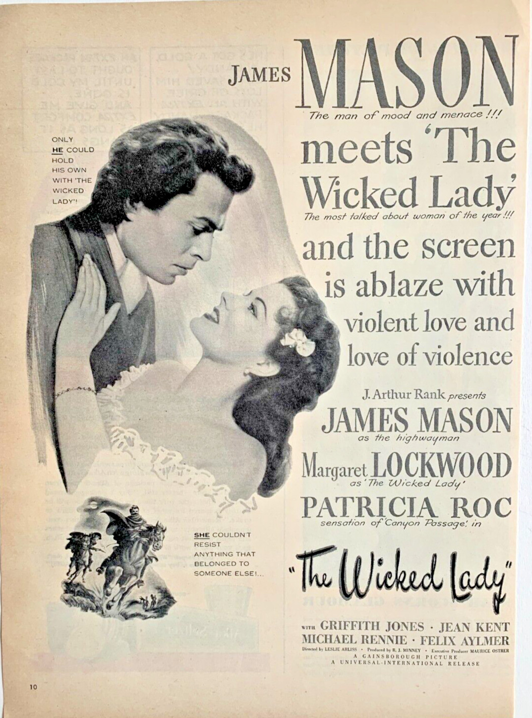 1946 The wicked Lady Movie Print Ad James Mason Margaret Lockwood 14″ x 10″