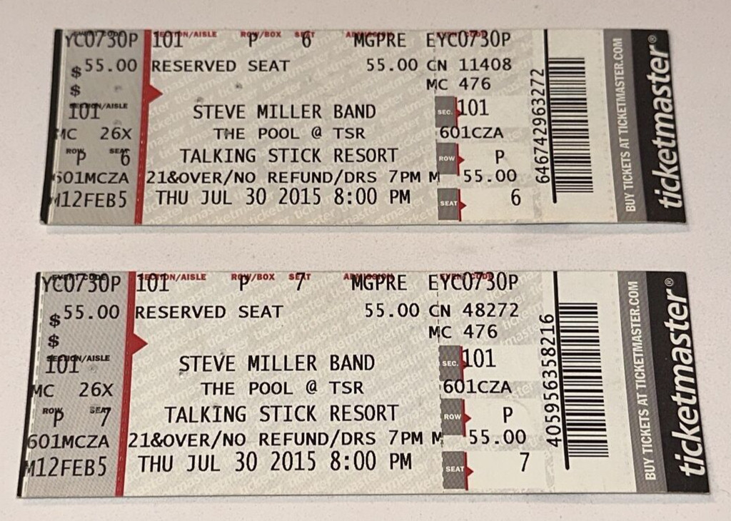 Steve Miller Band Concert Talking Stick Casino Arizona Ticket Stub 7/30/2015