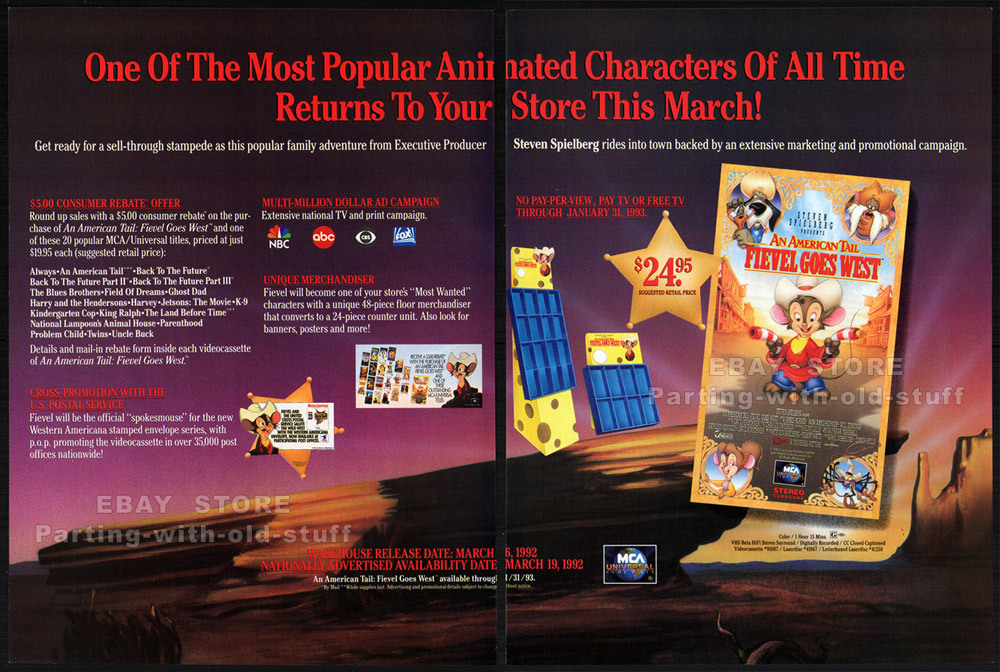 AN AMERICAN TAIL : Fievel Goes West __Original 1992 Trade print AD / video promo