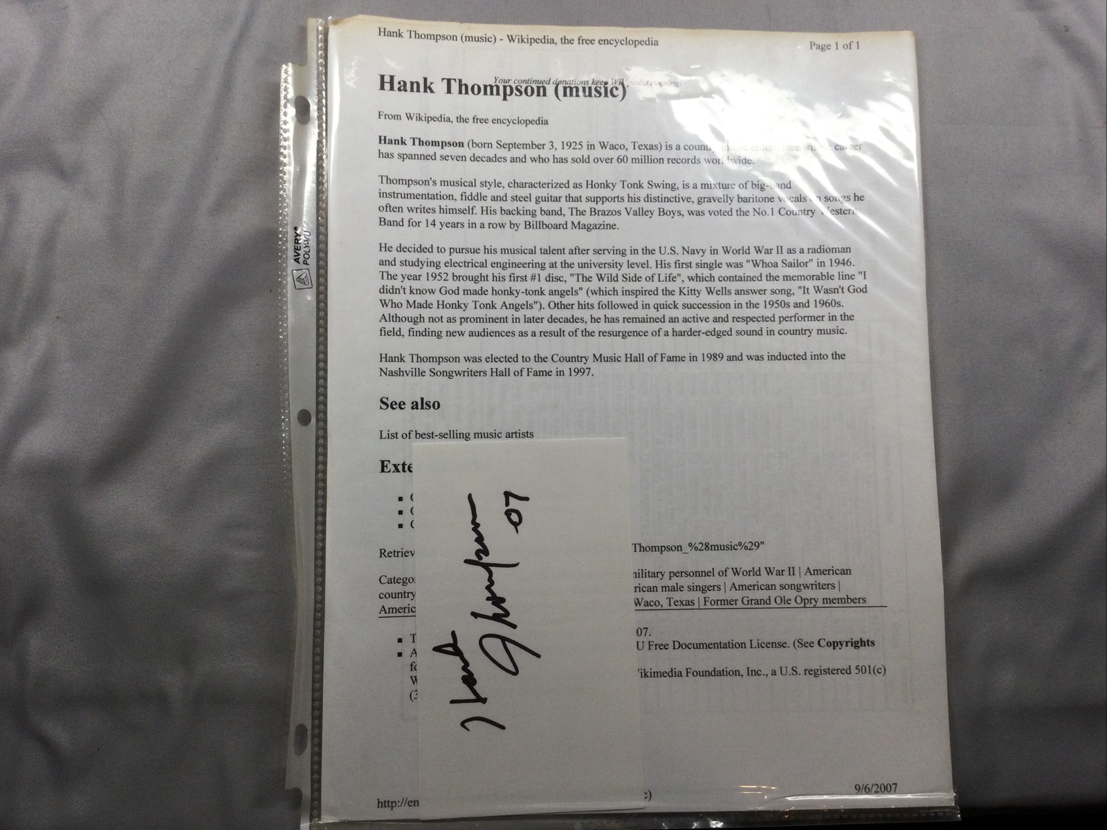 Hank Thompson Country Music Signed 3X5 Index Card Authentic Autograph 2007