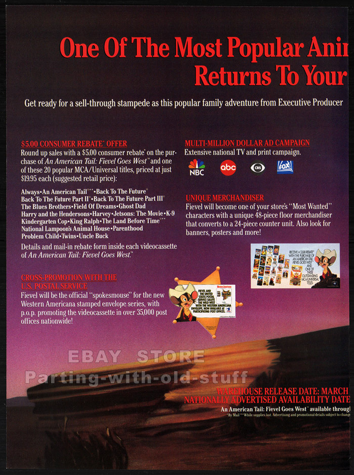 AN AMERICAN TAIL : Fievel Goes West __Original 1992 Trade print AD / video promo