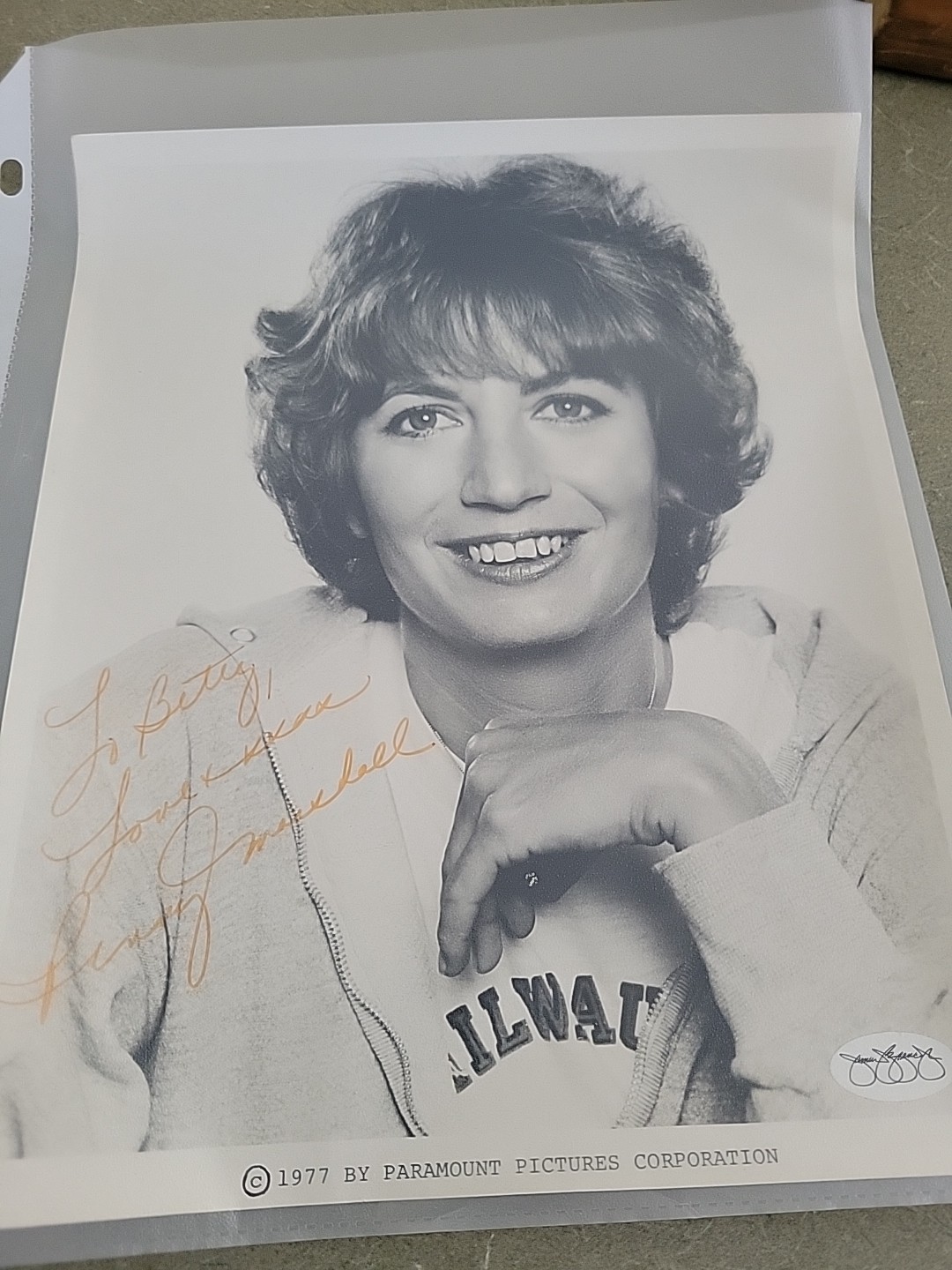 Penny Marshall Autographed Signed 8×10 Photo Black and white. Signed To Betty