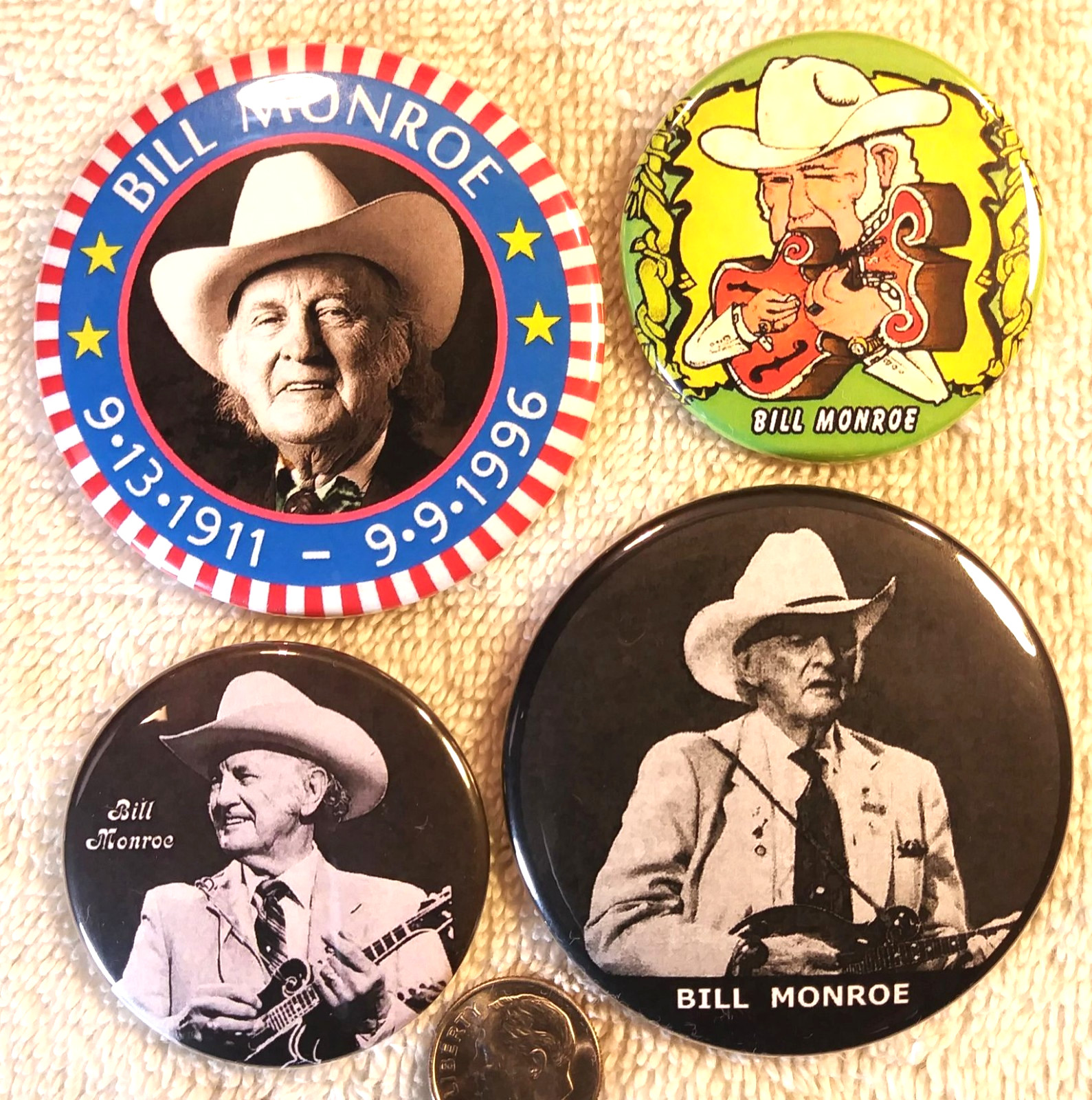 Bill Monroe PIN BUTTON LOT Father of Bluegrass Memorial Photo Live Del McCoury