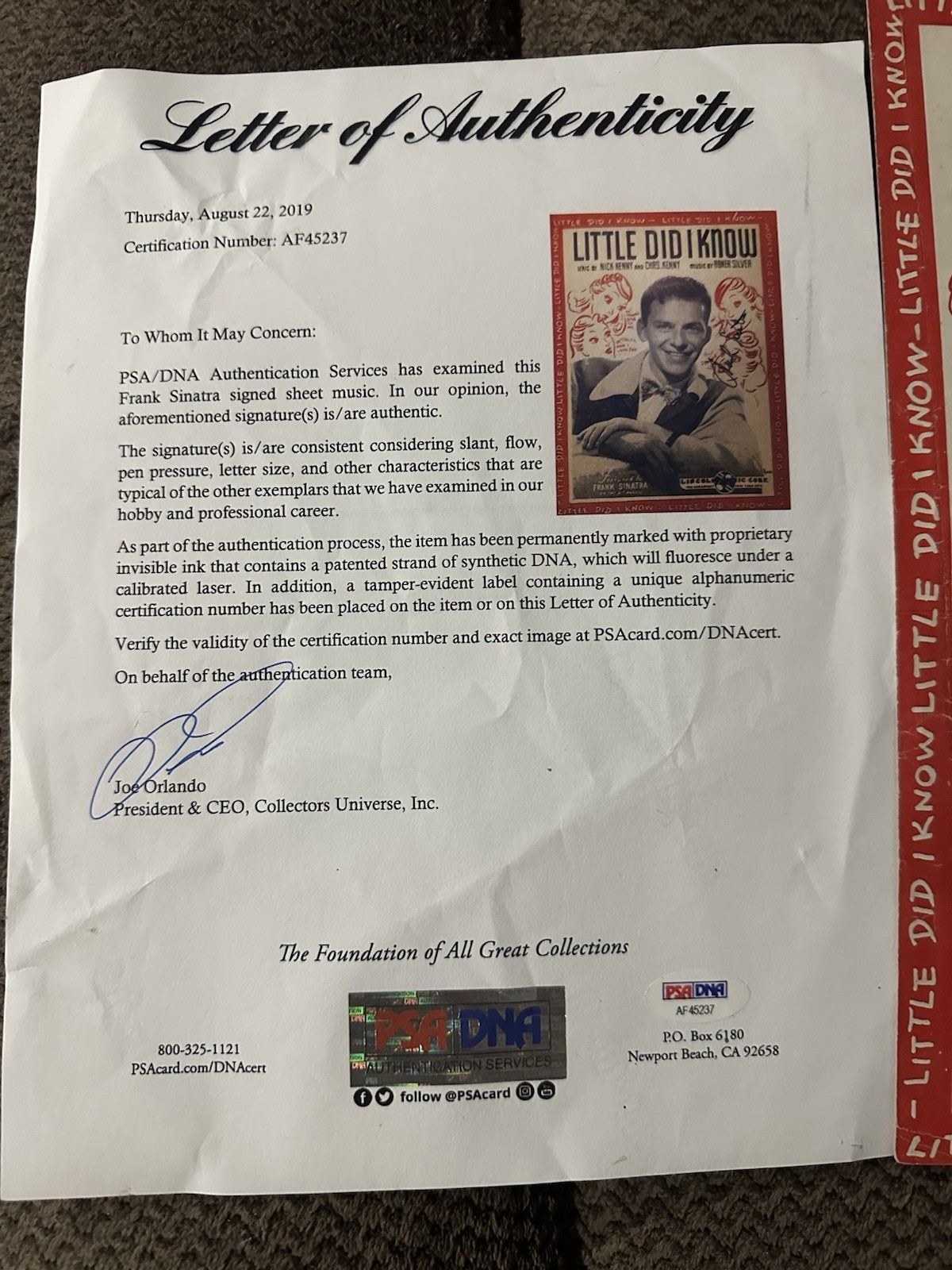 Frank Sinatra Autographed Sheet Music Little Did I Know with PSA LOA